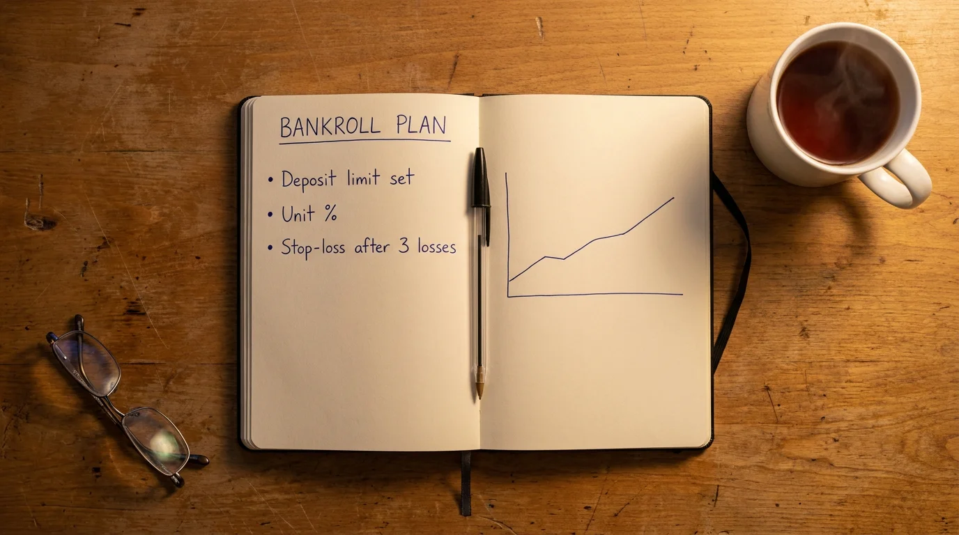 Notebook with a handwritten bankroll plan and pen lying on a wooden table next to a cup of tea in warm evening light, illustrating responsible NHL betting habits for UK punters.