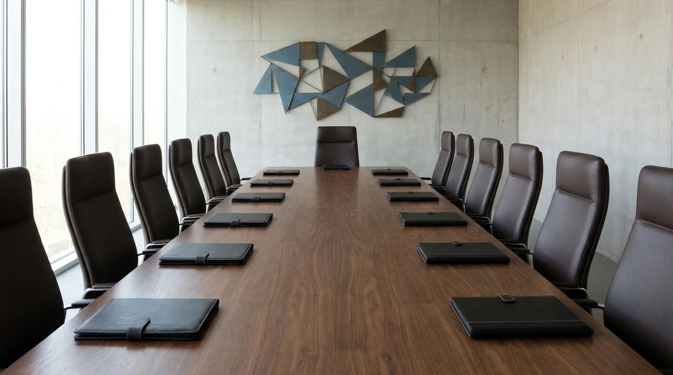 Concept of a UK trade association roundtable around a long boardroom table