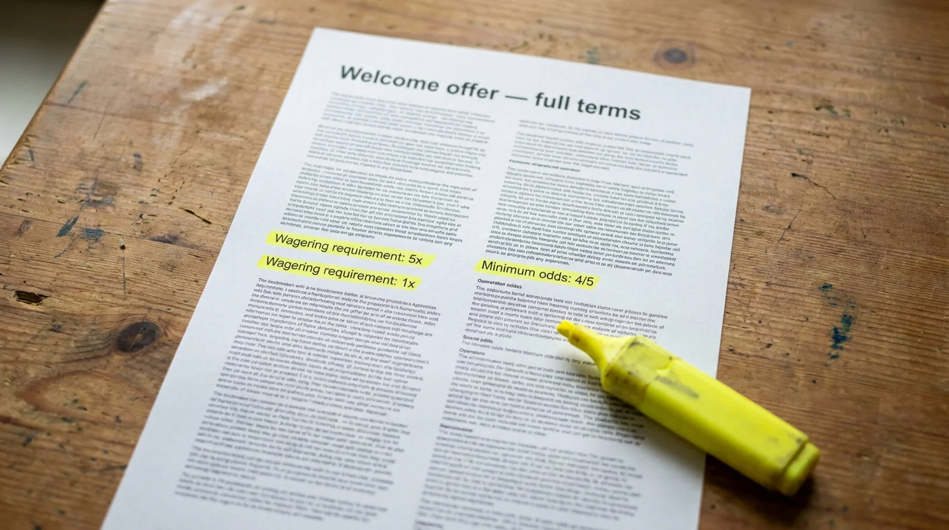 Printed UK bonus terms page with wagering requirements and minimum odds highlighted by a marker