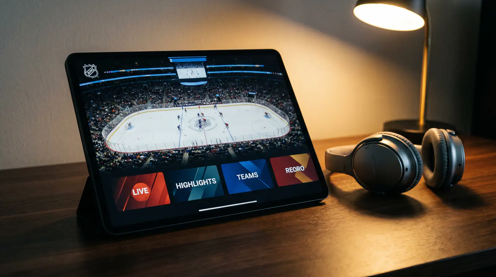 NHL.TV-style streaming service open on a tablet showing a hockey live stream
