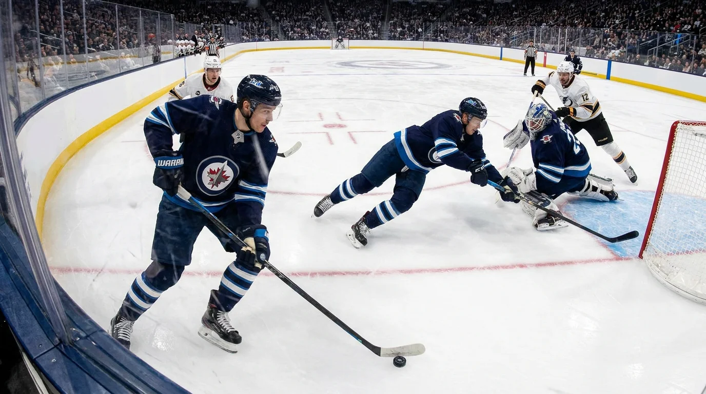 NHL favourite team pressing in offensive zone with two attackers converging on the net