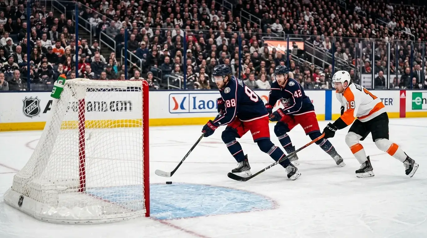 Late third-period NHL scene with the trailing team pressing on an empty net