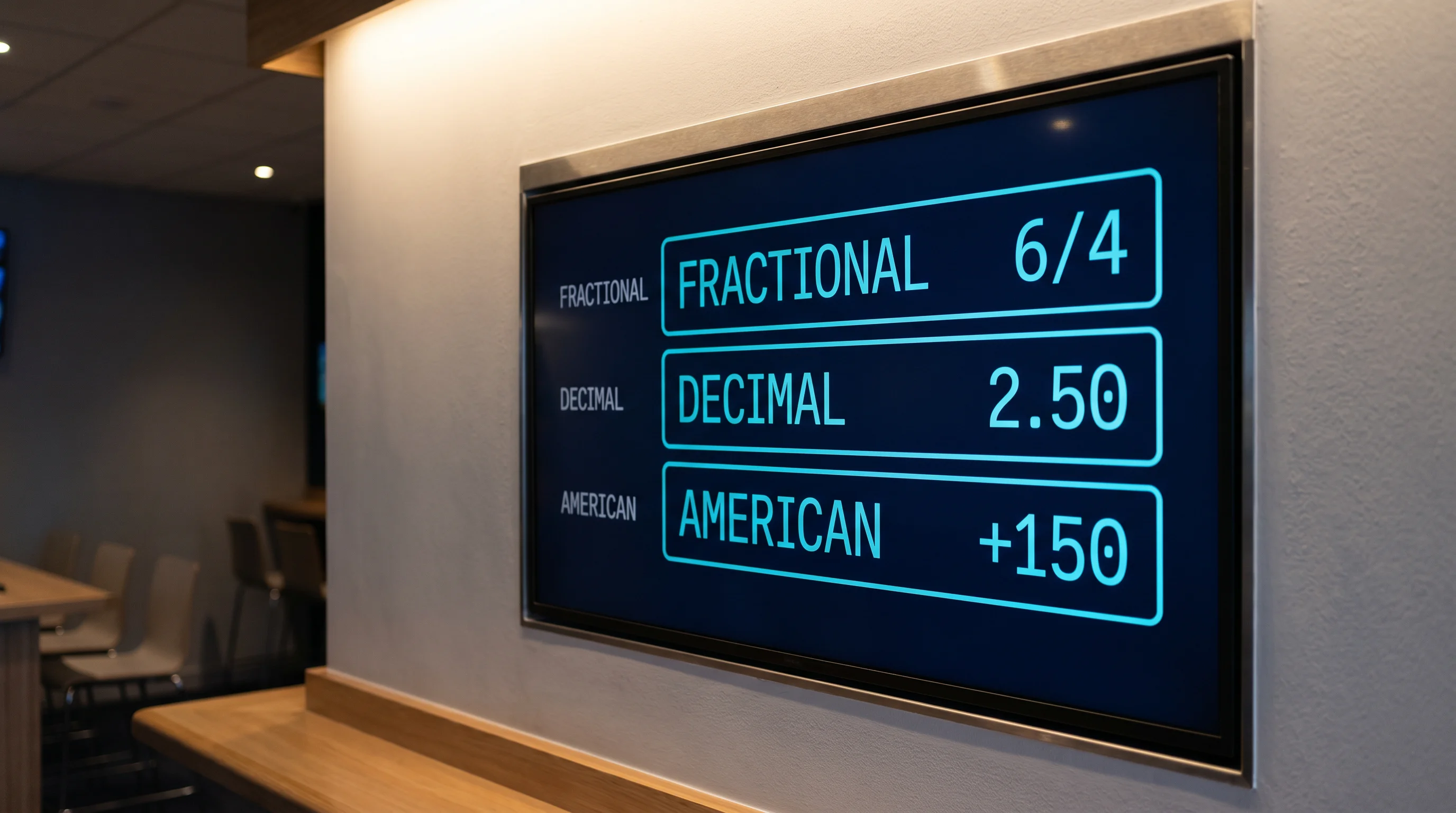 Close-up of a clean digital betting display showing the same NHL price in fractional (6/4), decimal (2.50), and American (+150) formats side by side.