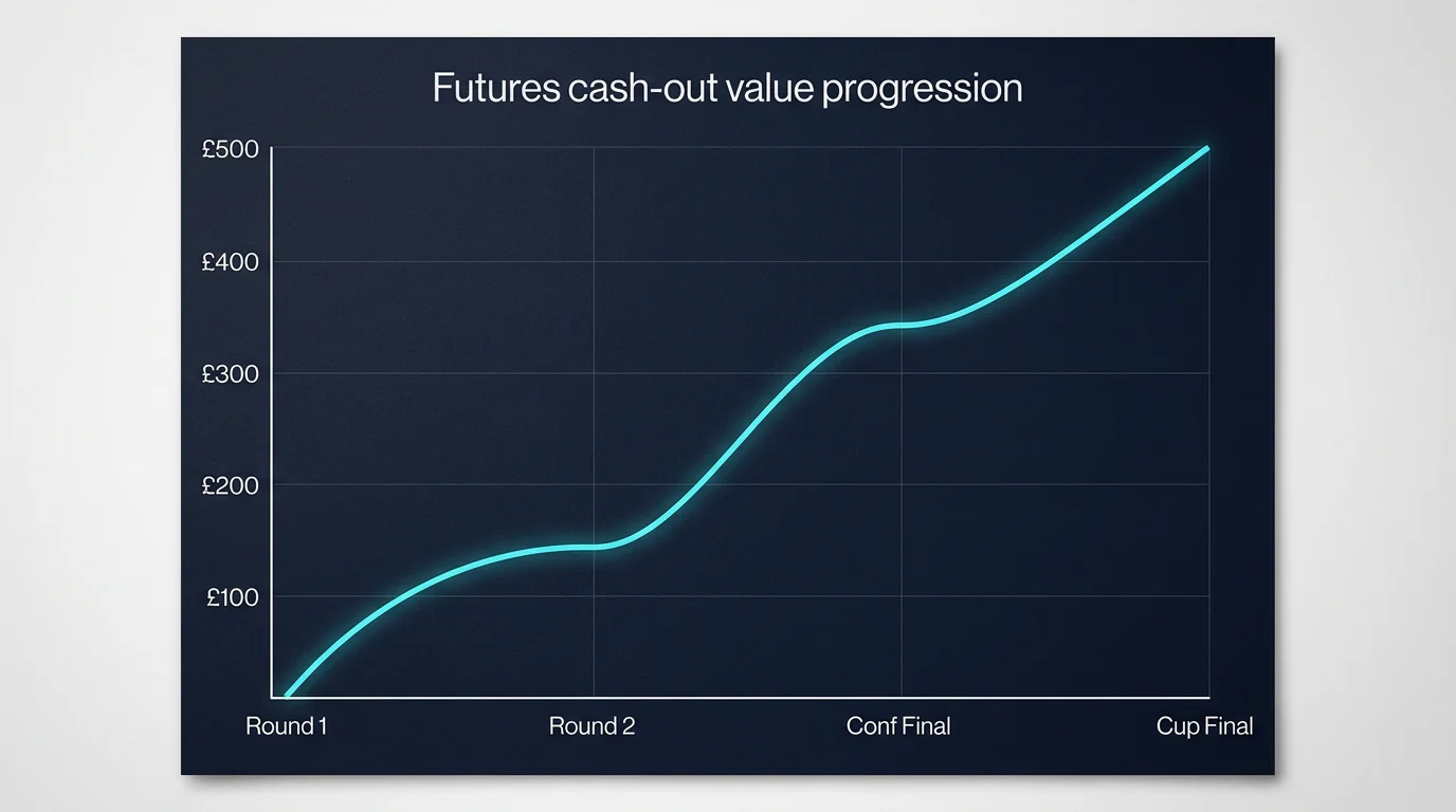 Line chart of a Stanley Cup futures cash-out value rising across early playoff rounds toward the Final