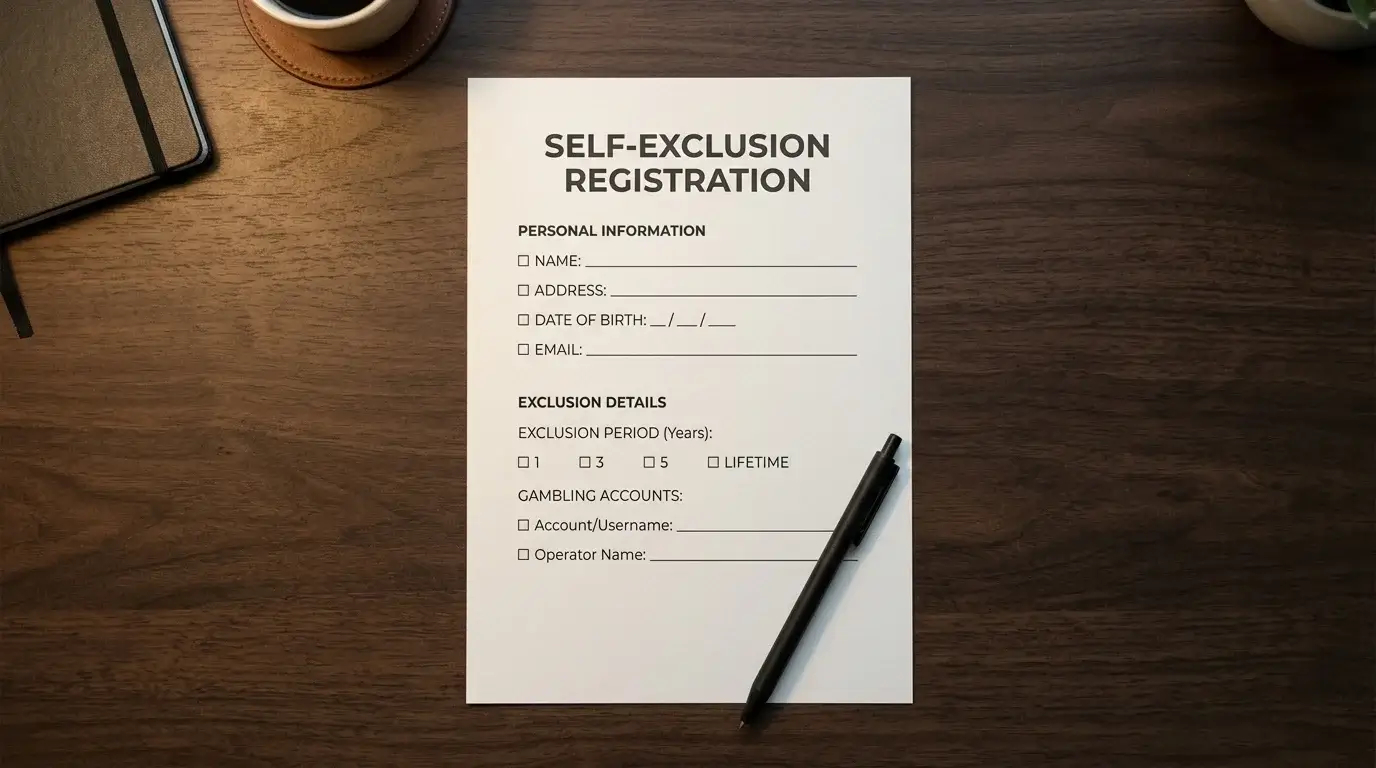 Generic GAMSTOP-style self-exclusion registration form concept on a tidy desk