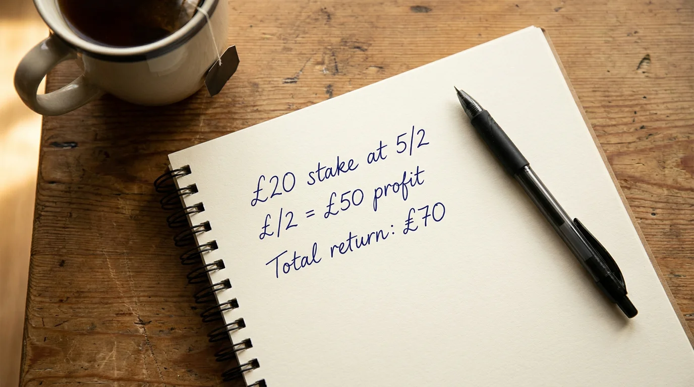 Open notebook with a handwritten £20 stake calculation at 5/2 odds on an NHL puck line bet
