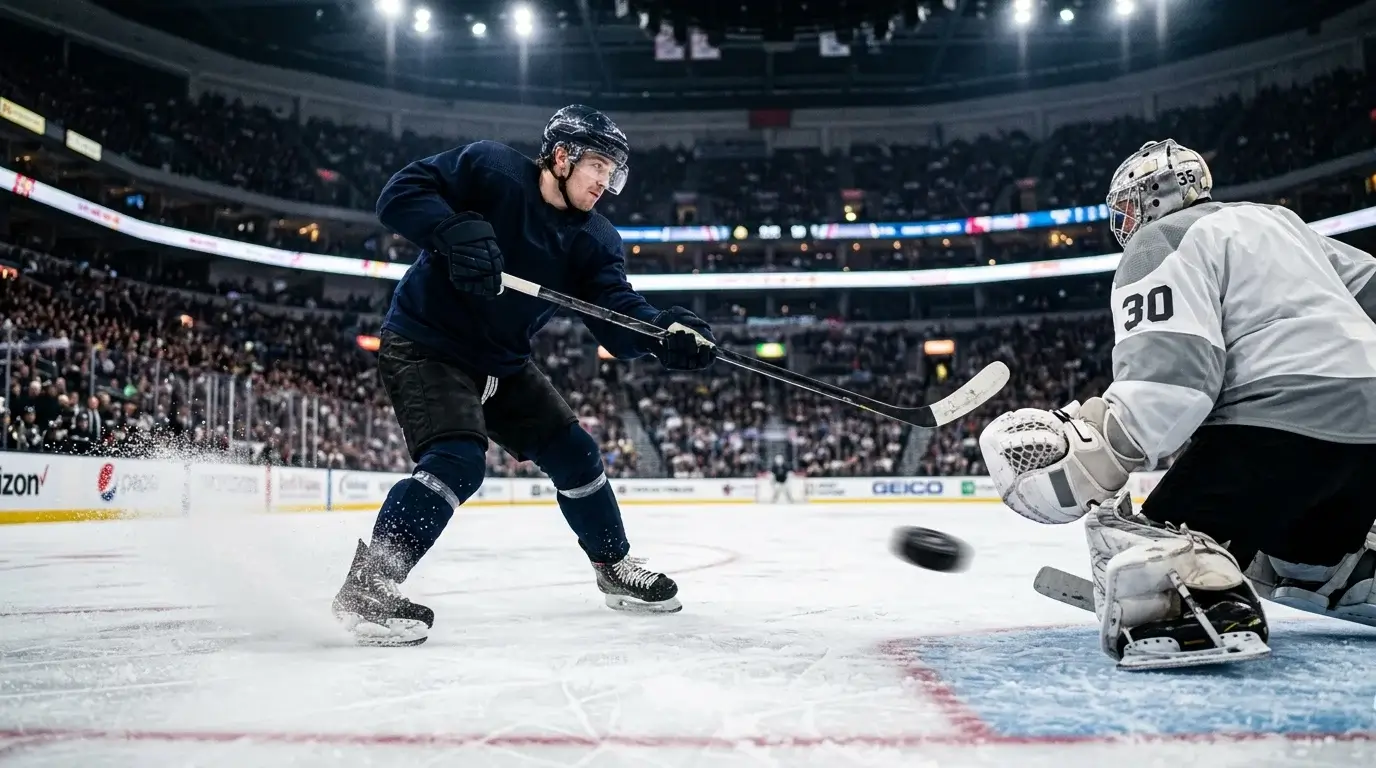 NHL forward firing a slap shot from the slot during a high-pace offensive sequence