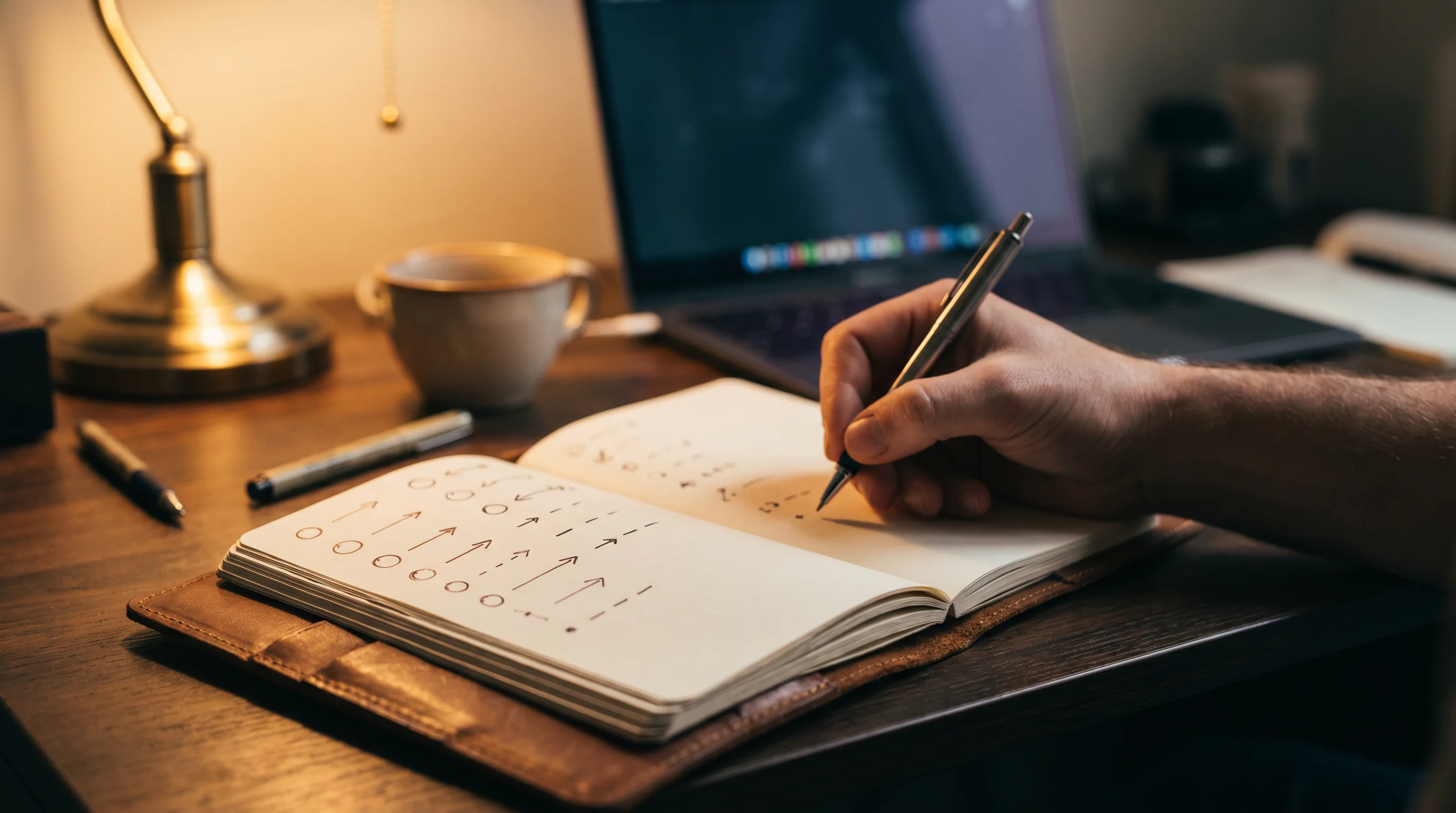 NHL bettor reviewing their monthly CLV results in a notebook at the end of a session