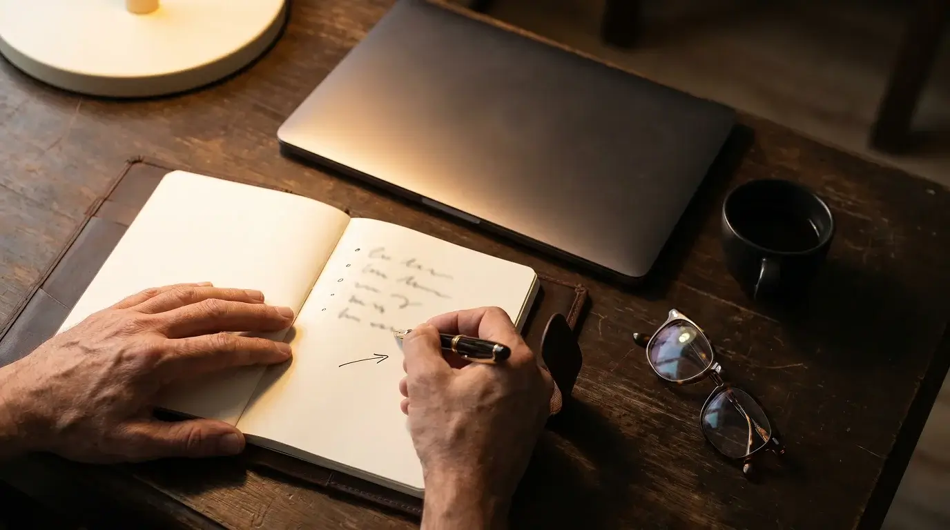 Hockey bettor reviewing a pre-bet checklist in a notebook before placing an NHL total wager
