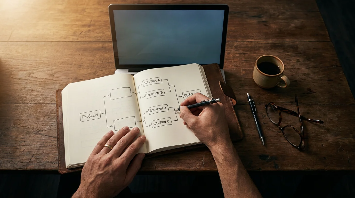 Bettor planning an NHL parlay strategy with a notebook and laptop on a quiet desk
