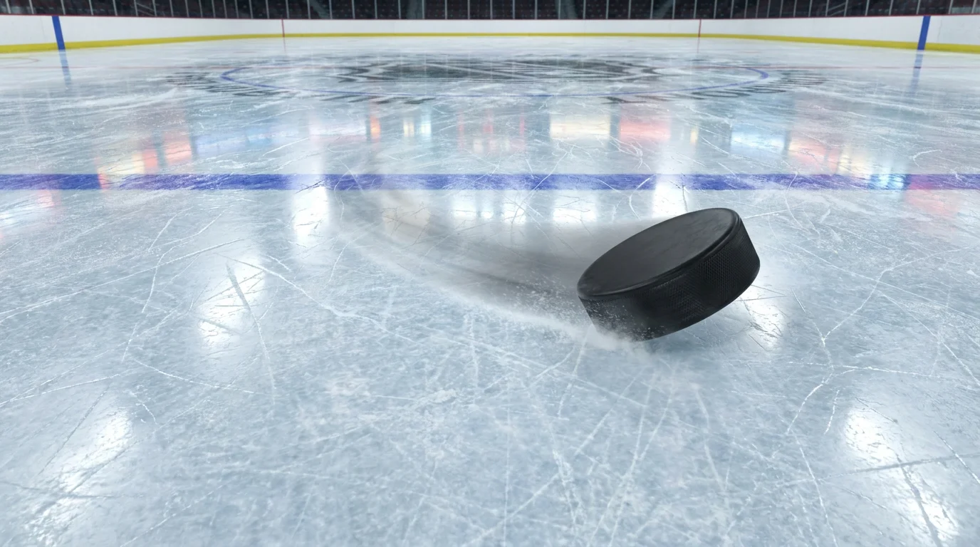 Black hockey puck sliding across the blue line of an NHL ice rink with motion blur trail