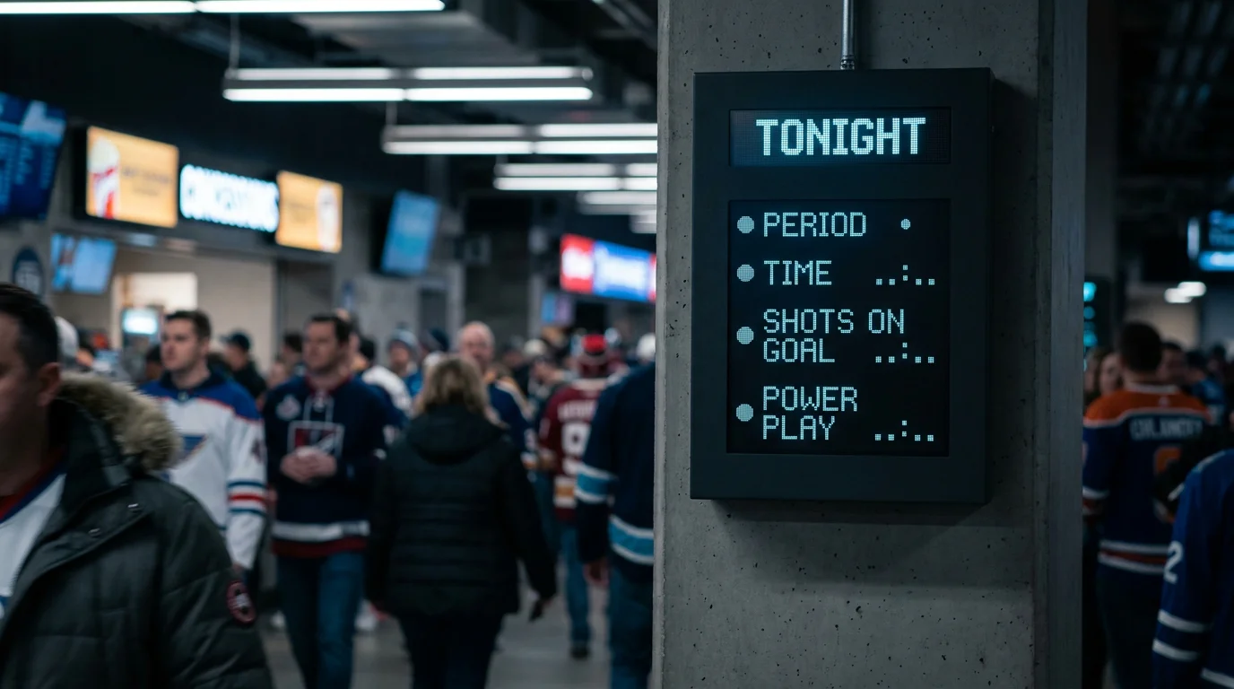 Generic hockey arena scoreboard summary screen showing simultaneous NHL fixtures on a busy night