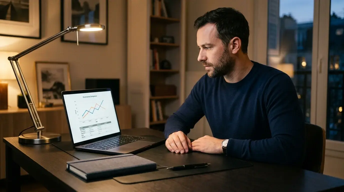 Sports analyst reviewing hockey correlation data on a laptop for parlay decision-making