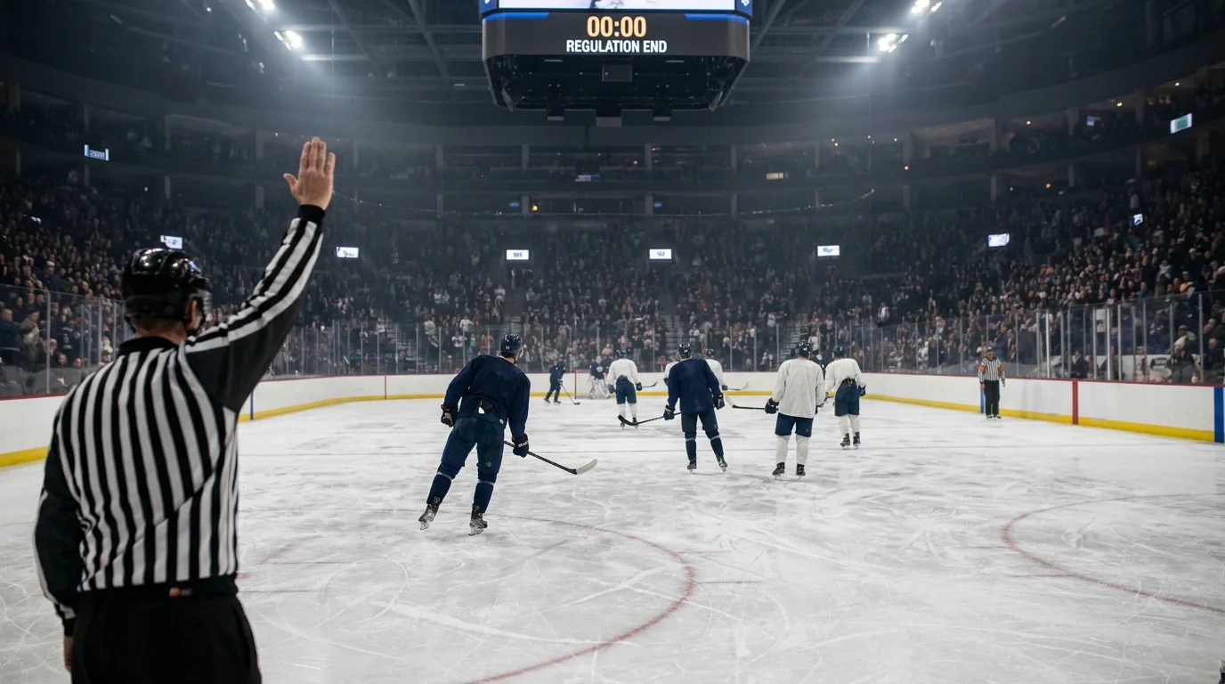End of regulation in NHL with players gliding back to centre after a tied 60-minute score