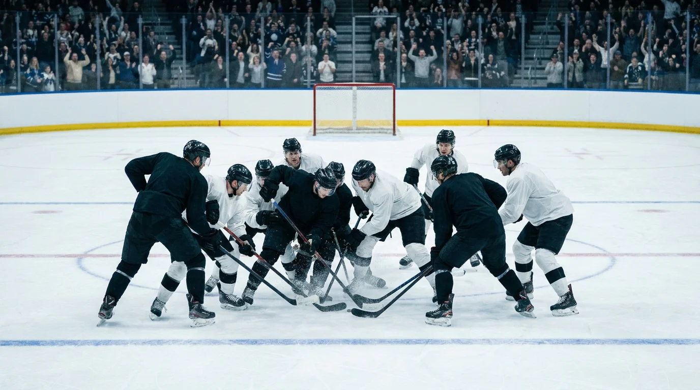 Late third period NHL chaos with empty net in play and forwards storming the zone