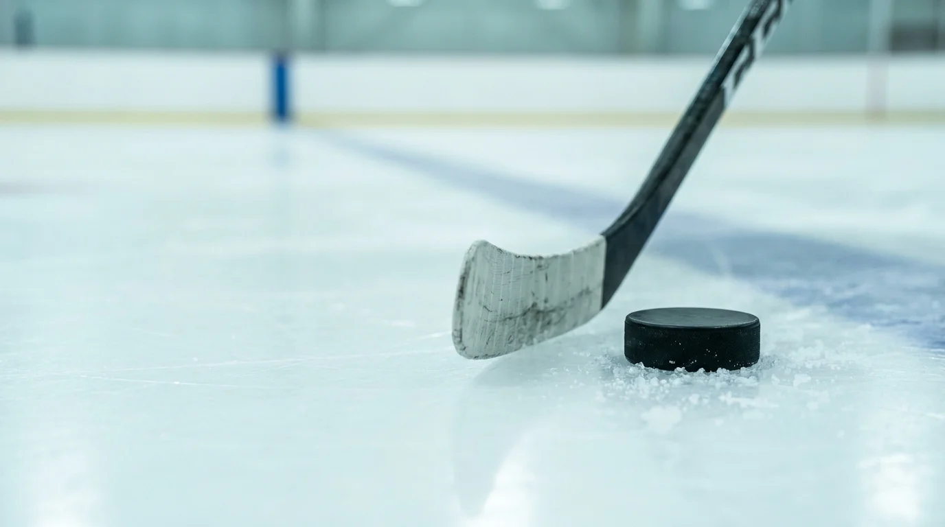 Close-up of an ice hockey stick blade resting on the ice next to a black puck near a faded blue line, photographed in cool natural light at the end of a session.
