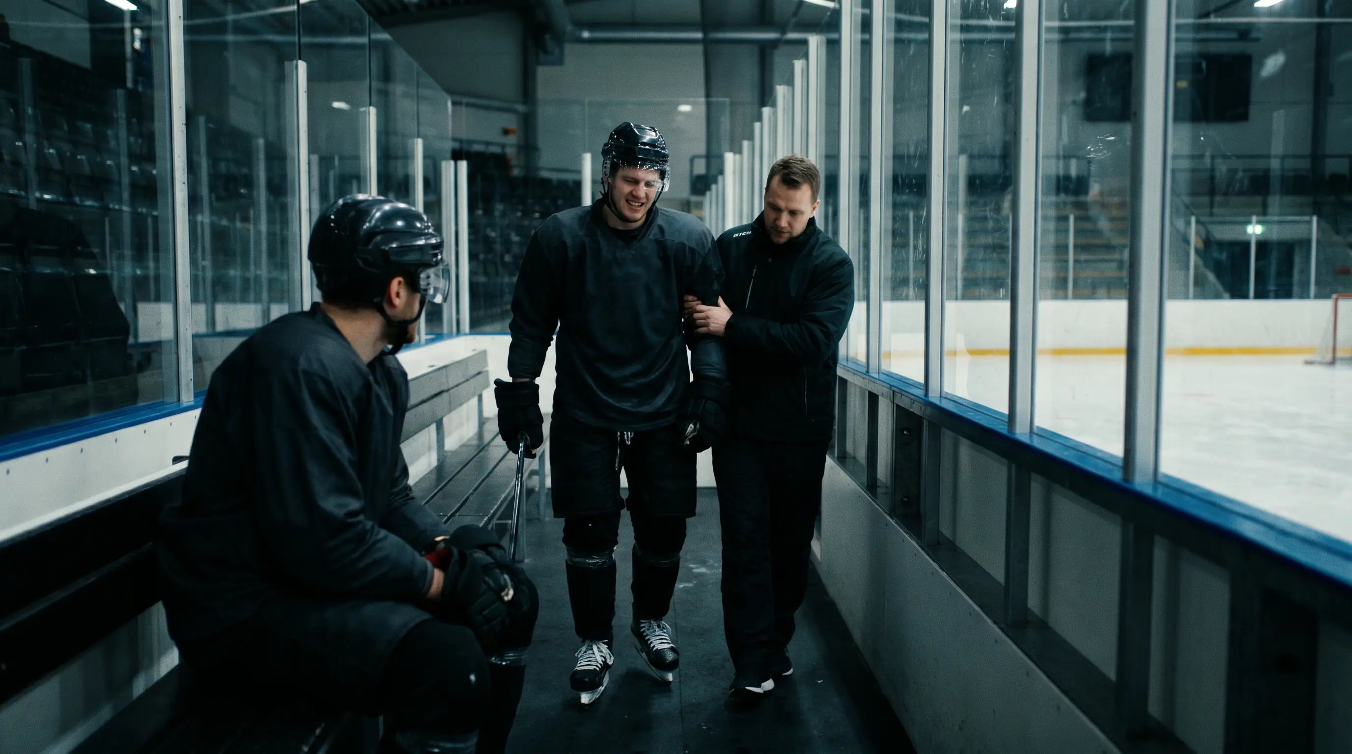 Injured NHL skater being helped off the bench by medical staff in a regular-season match