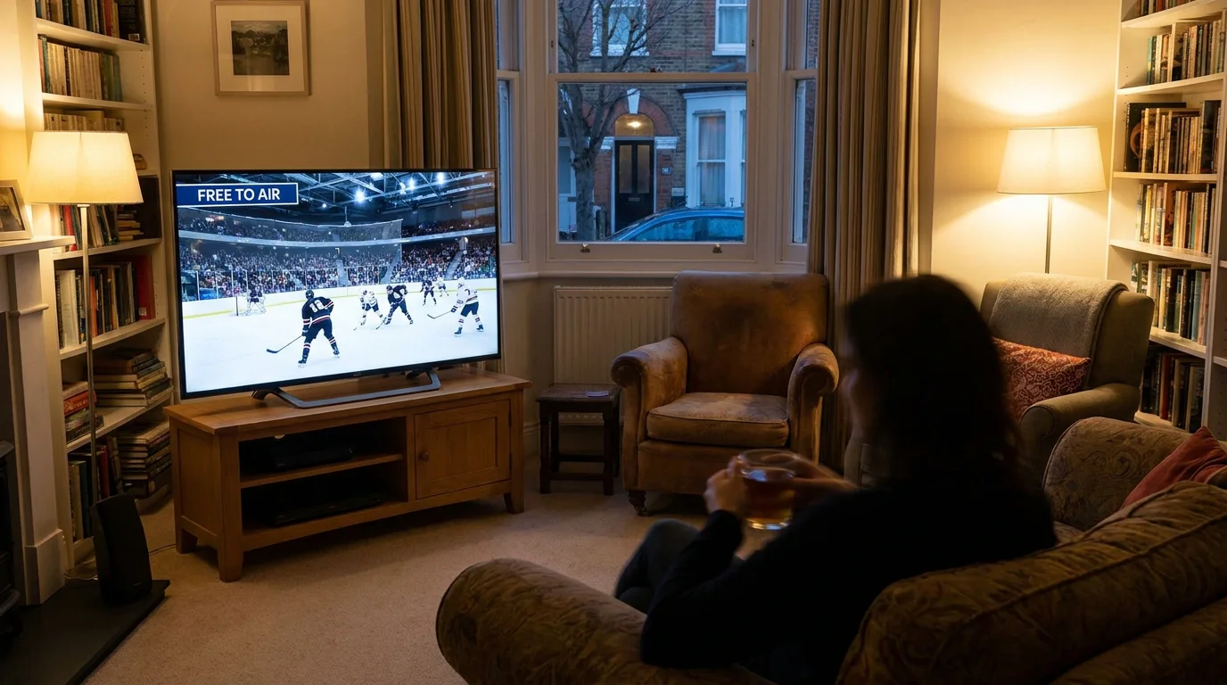 UK free-to-air NHL broadcast on a generic living-room TV during a family evening