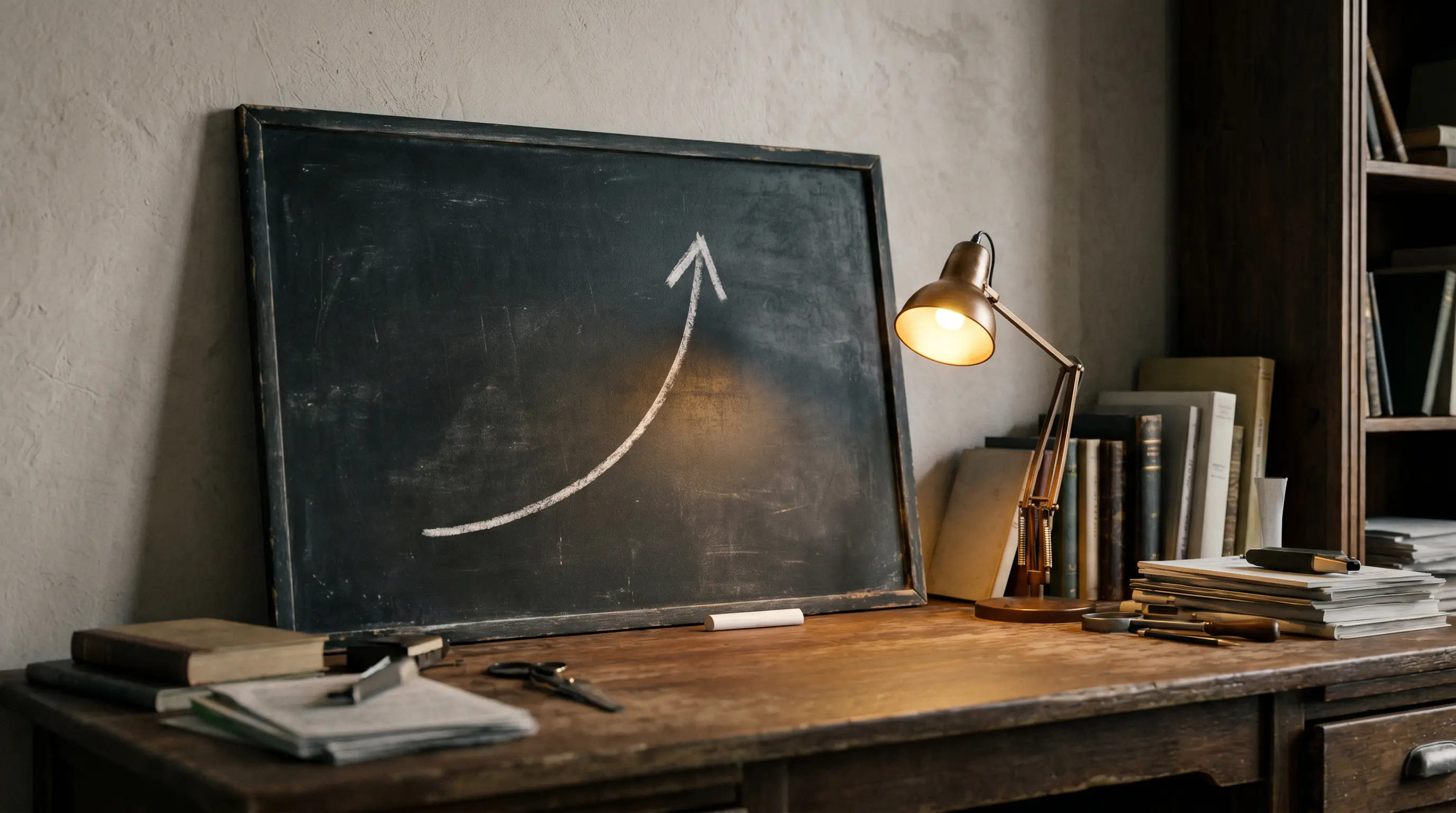 Conceptual Kelly criterion diagram with abstract growth arrow on a chalkboard