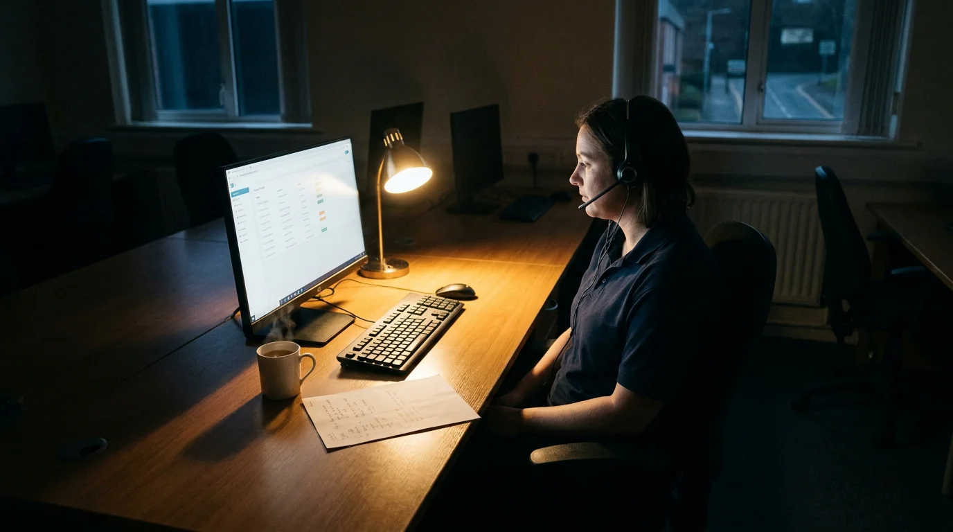 Customer support agent in a quiet UK overnight call centre wearing a headset and reviewing a settlement query