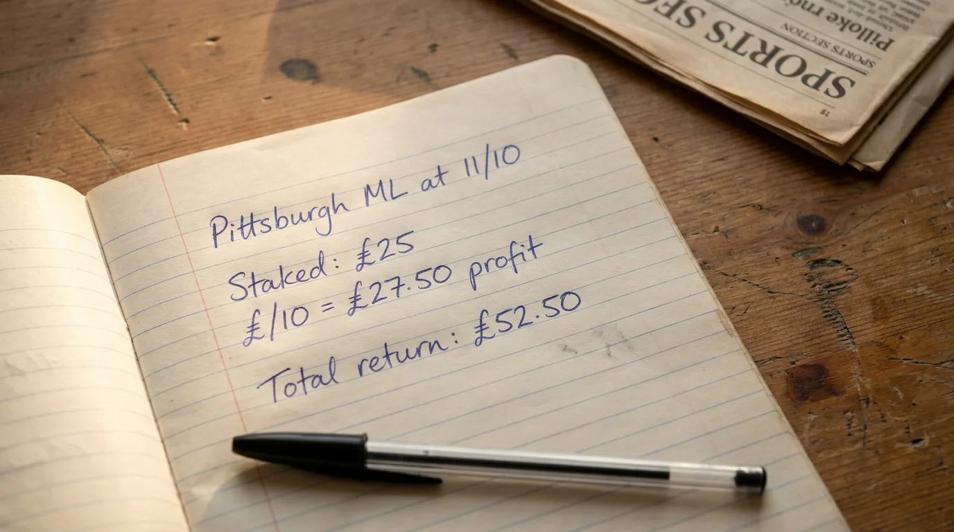 Open notebook showing a £25 NHL moneyline stake calculation at 11/10 written out in pen