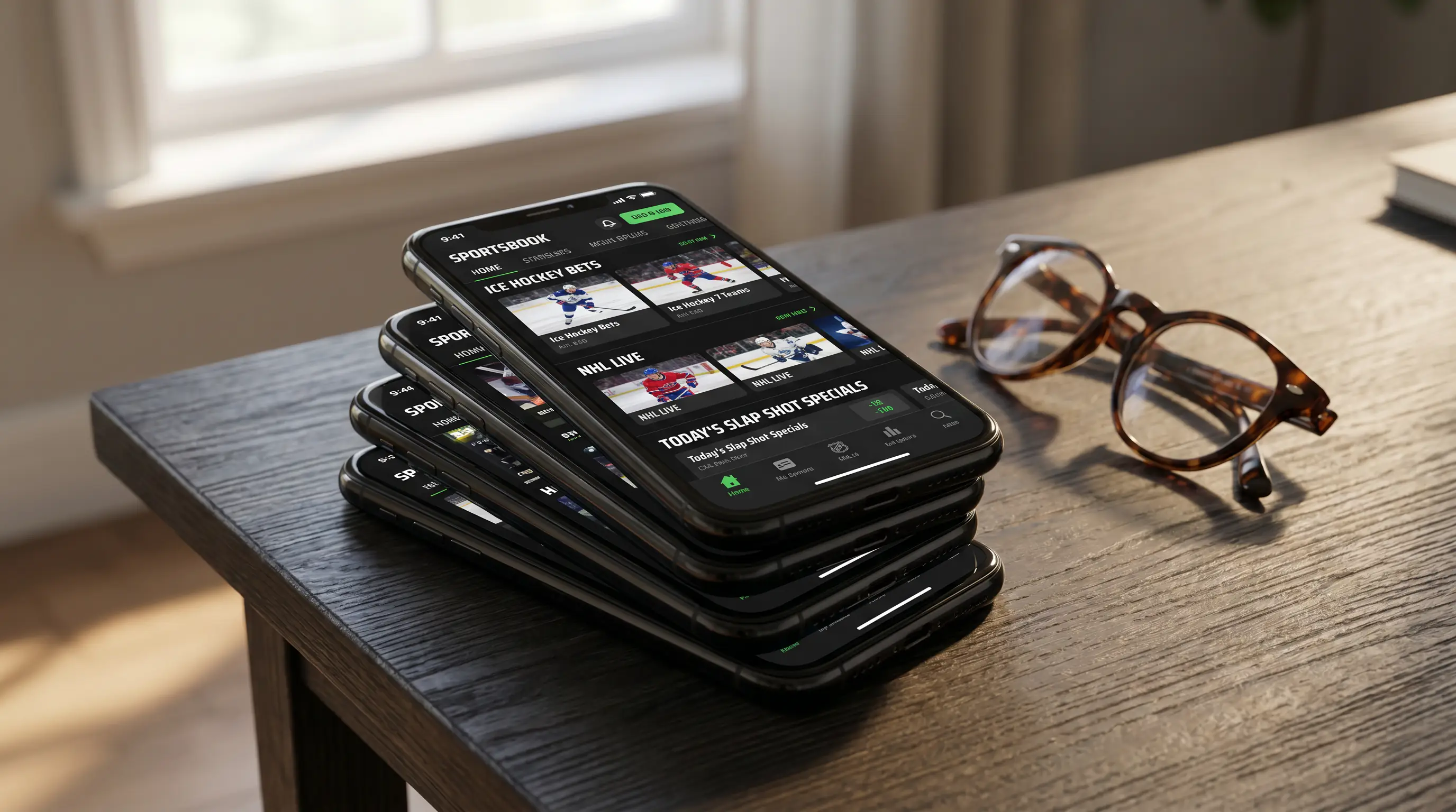 Stack of smartphones with multiple UK sportsbook apps for NHL multi-account betting