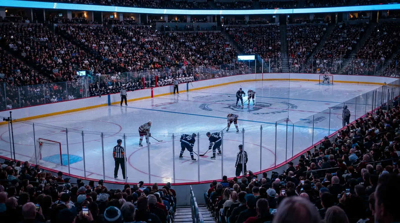 Illuminated NHL ice hockey arena interior during a packed regular-season night game with full crowd and centre-ice face-off in progress.
