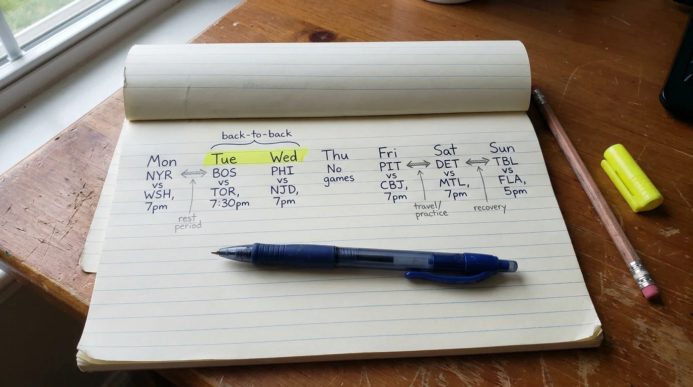 Notepad with handwritten NHL fixture timeline highlighting back-to-back games and rest gaps