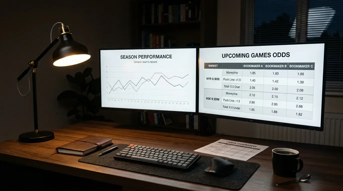 Workspace of an NHL betting analyst with two monitors displaying NHL statistics dashboards and a printed UK bookmaker price sheet, lit by a desk lamp in a quiet home office.