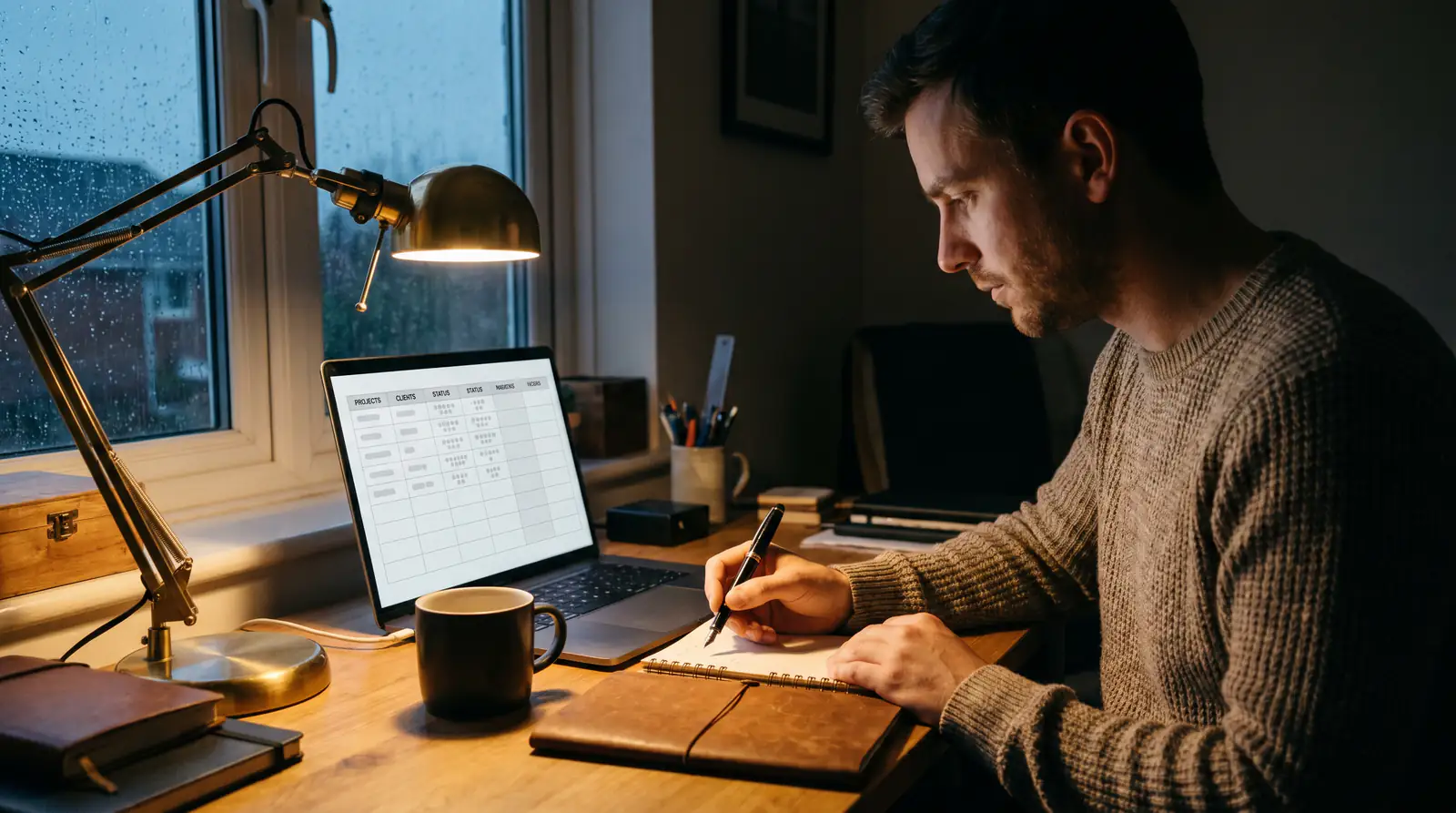 Bettor tracking NHL closing line value session on a laptop spreadsheet without numerals
