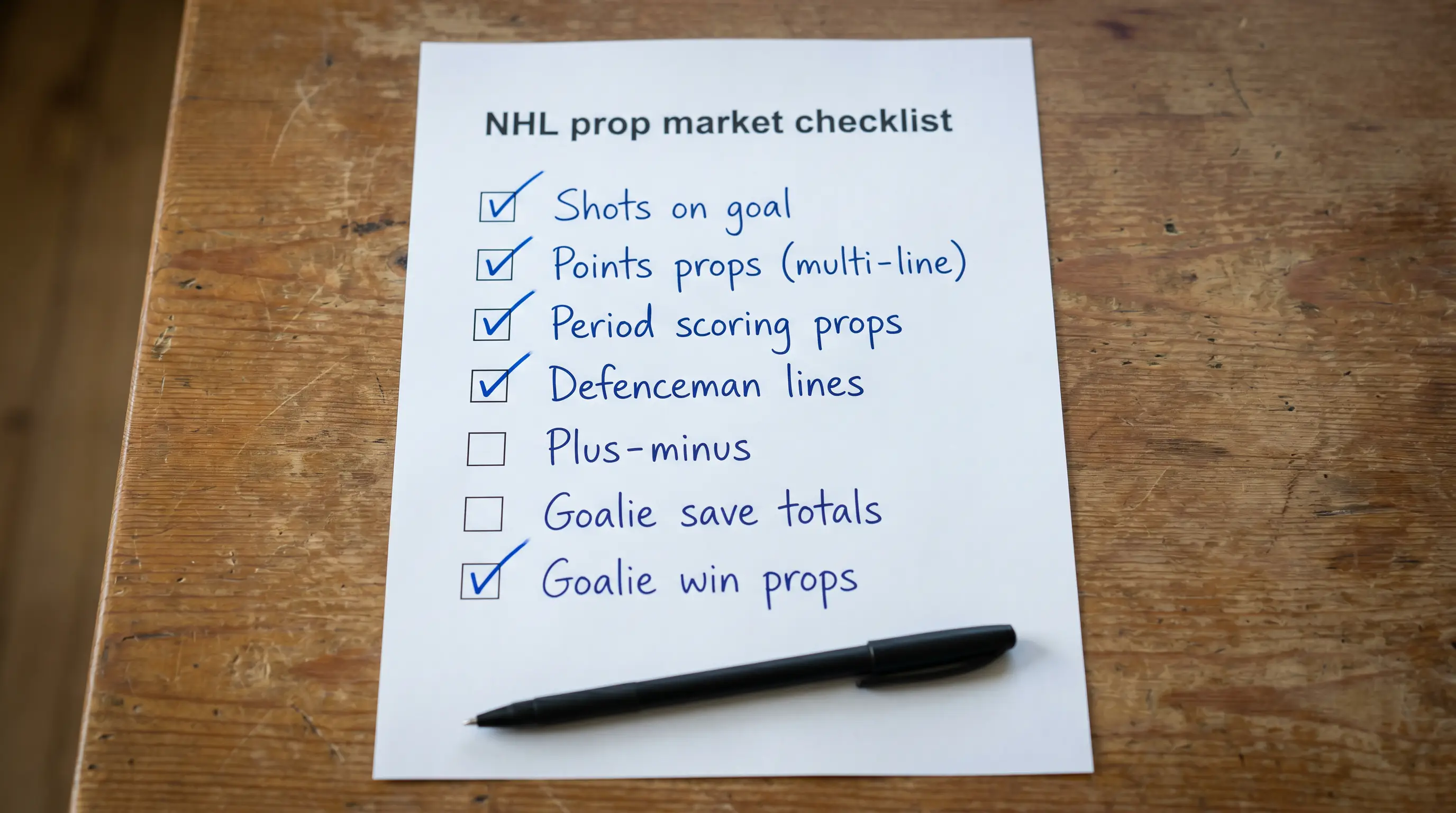 Evaluation sheet ticking off NHL prop market categories required from a serious UK bookmaker