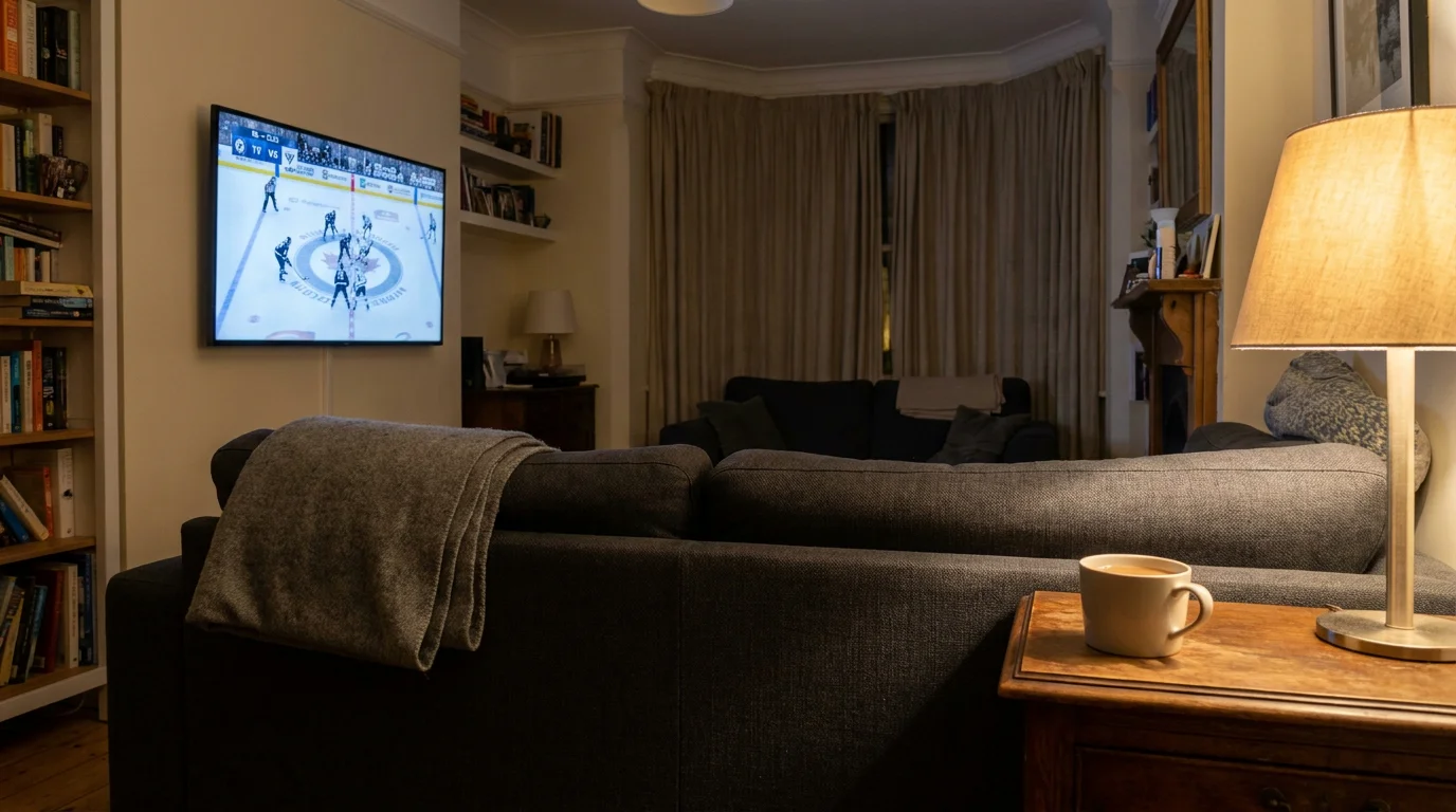 Living-room television screen showing a live NHL ice hockey broadcast with on-screen scorebug, viewed from a sofa in a typical British home in the evening.