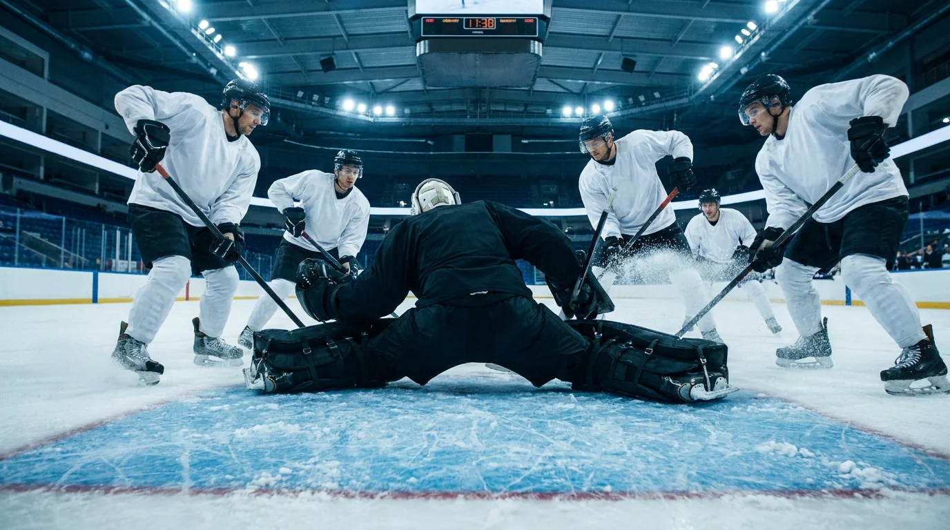 Defensive stand late in the third period with goalie pressing into the crease