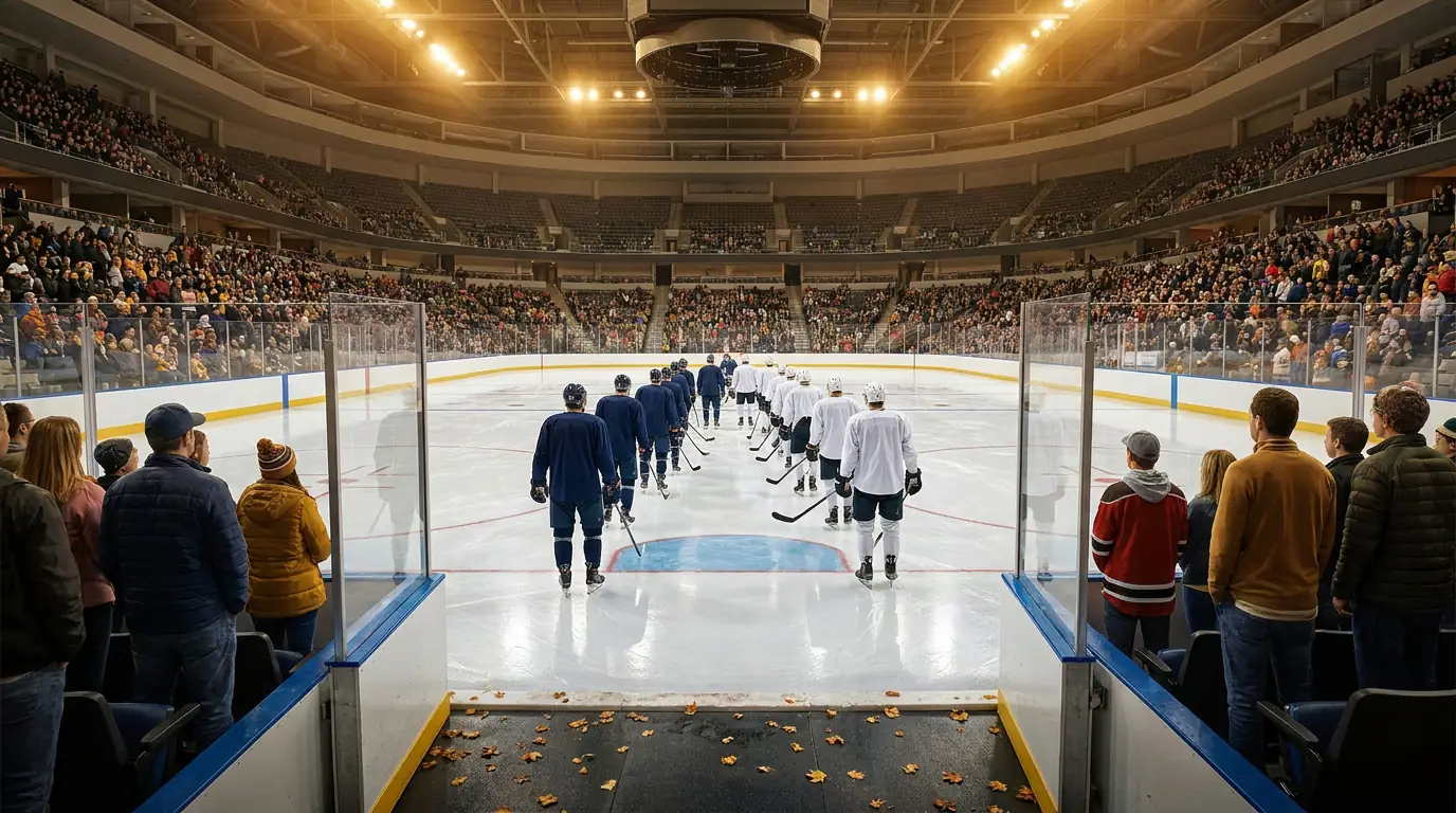 NHL early-season October atmosphere in a clean arena before puck drop
