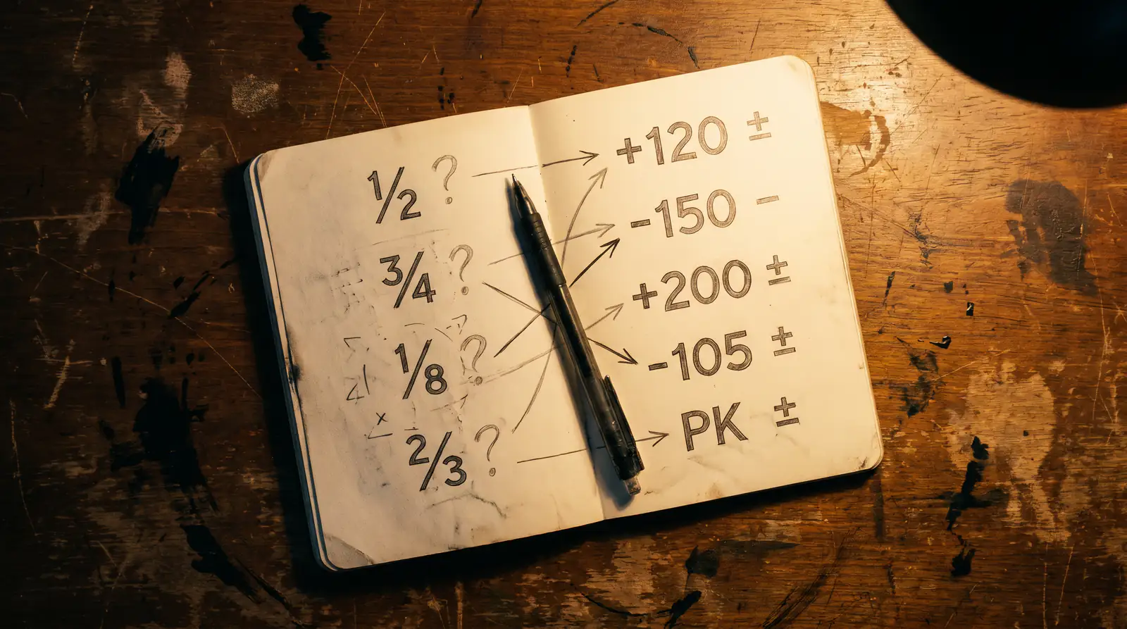 Hand-drawn fractional to American odds conversion in a notebook
