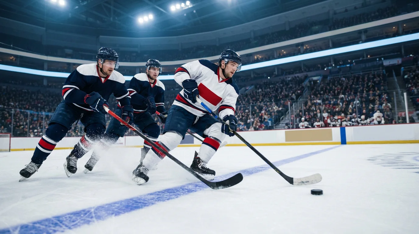 Wide-angle photo of an NHL ice hockey game in progress with players in full kit chasing the puck near the blue line, illustrating the action behind moneyline, puck line, totals, props, and futures markets.