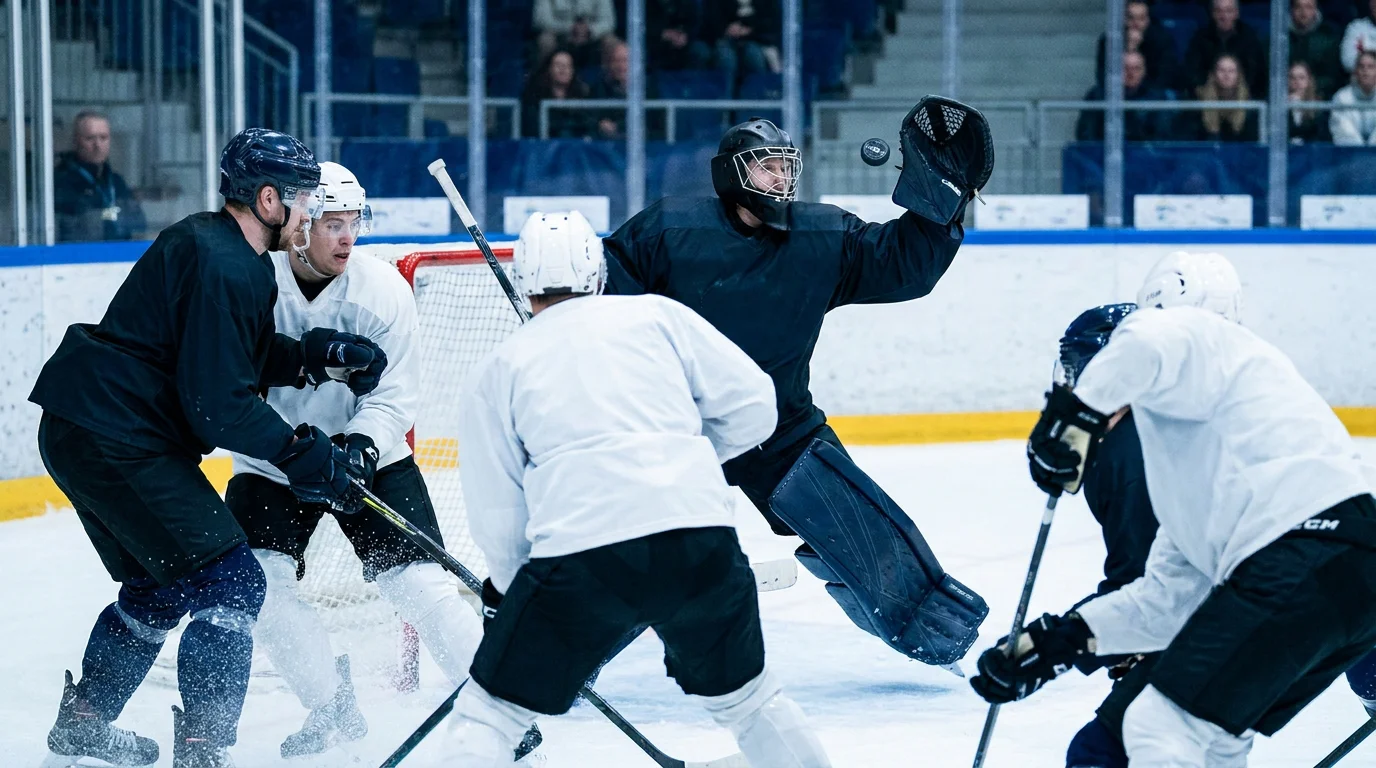 NHL goalie making a glove save in heavy crease traffic during a critical shift