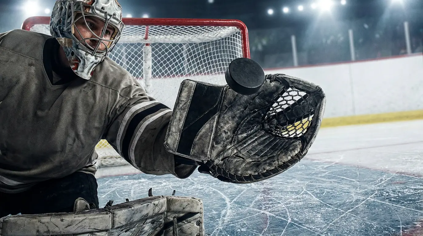 NHL goaltender extending the glove for a save with the puck visible above the crease