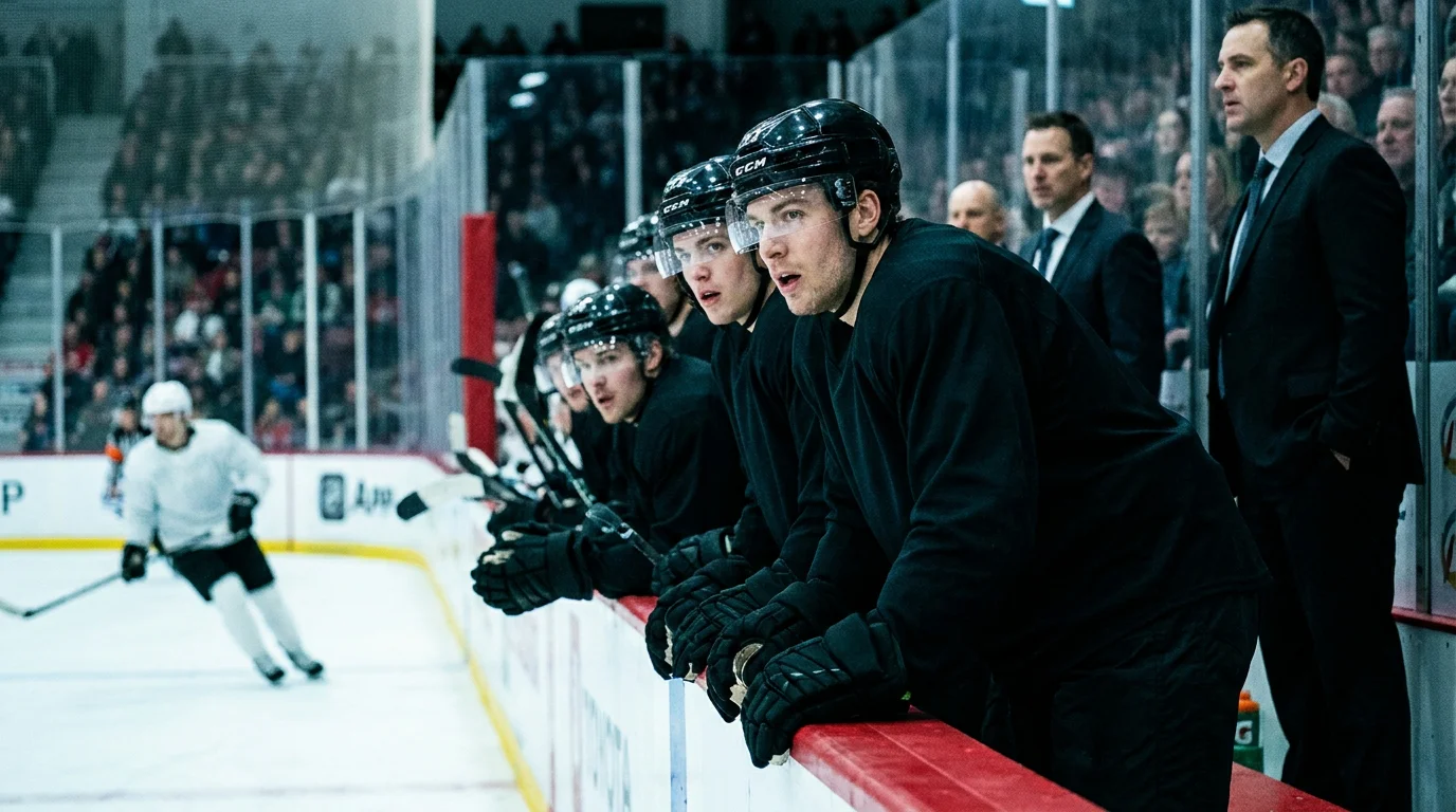 Home NHL bench energy during a key shift in front of a packed home crowd