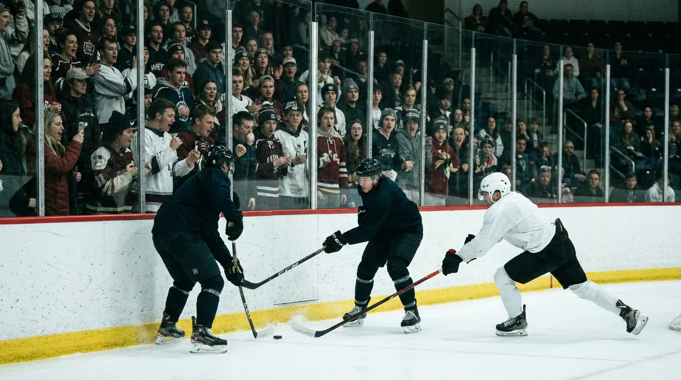 Home NHL underdog attacking the offensive zone in front of an engaged crowd