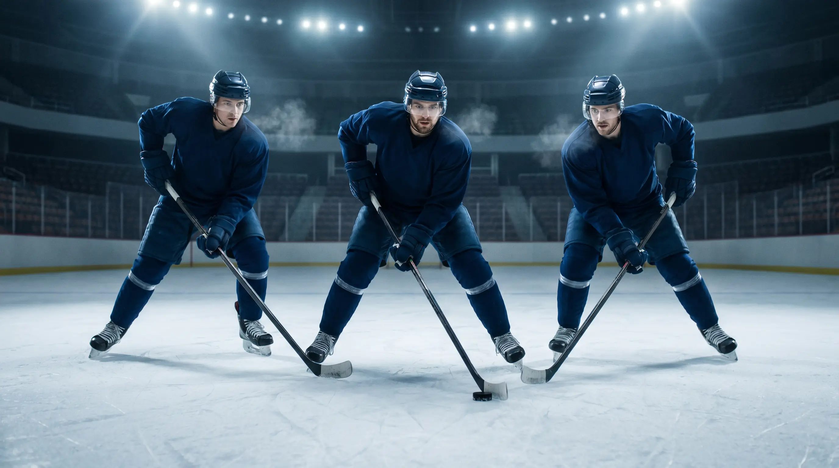 Three NHL line-mate forwards skating in formation showing the line-mate effect on scoring chances