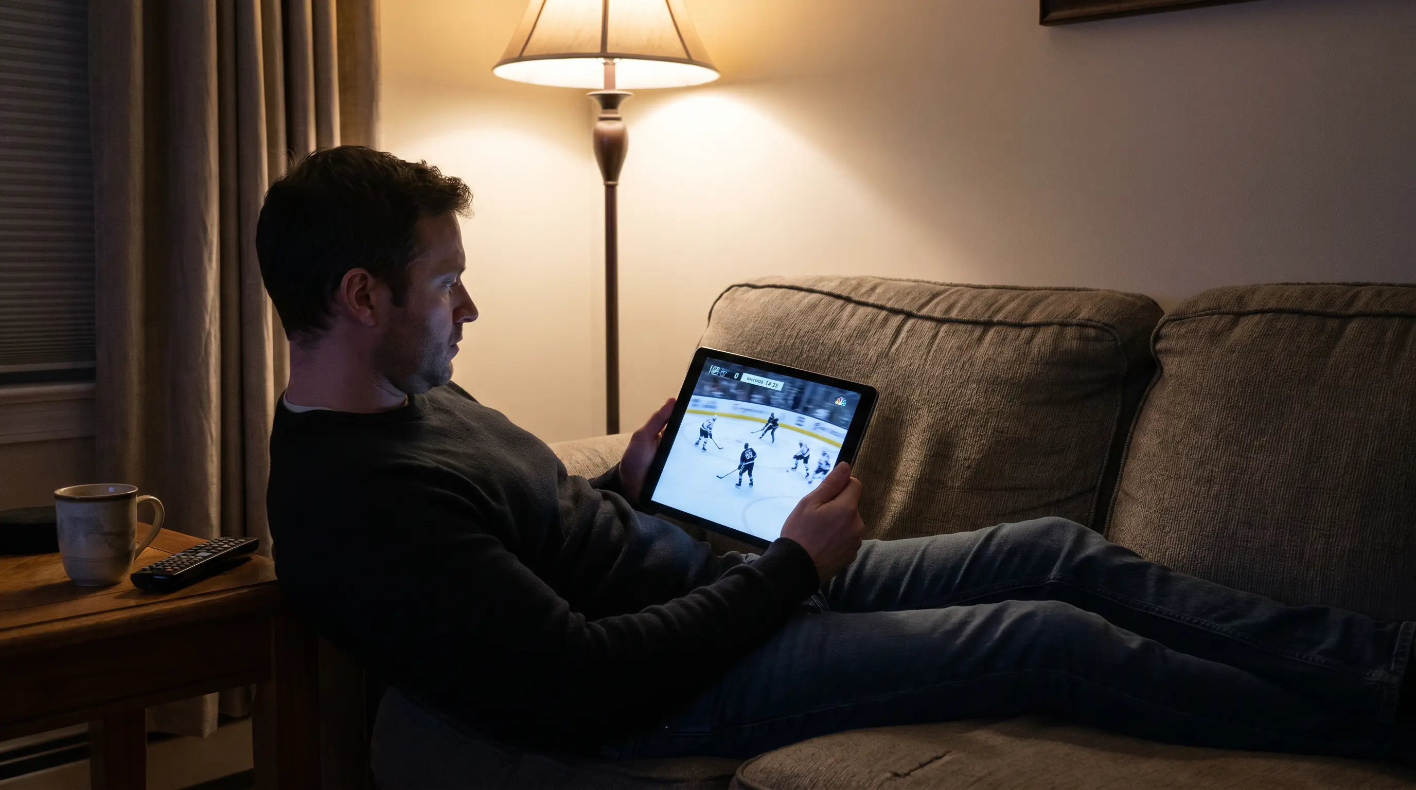 UK bettor holding a tablet showing live NHL action during the second period while sitting on the sofa