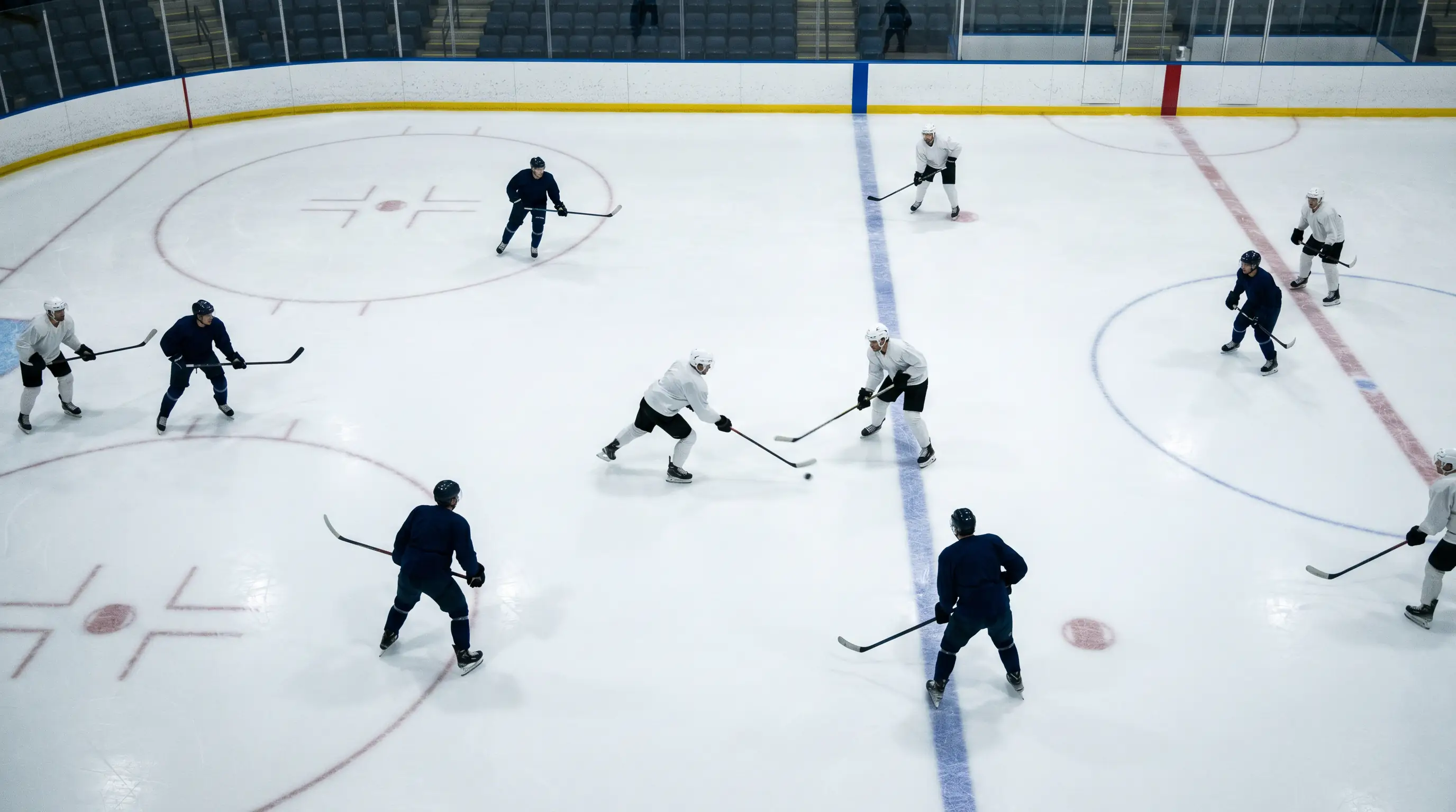 Overhead NHL ice action used as the backdrop for a live totals strategy moment