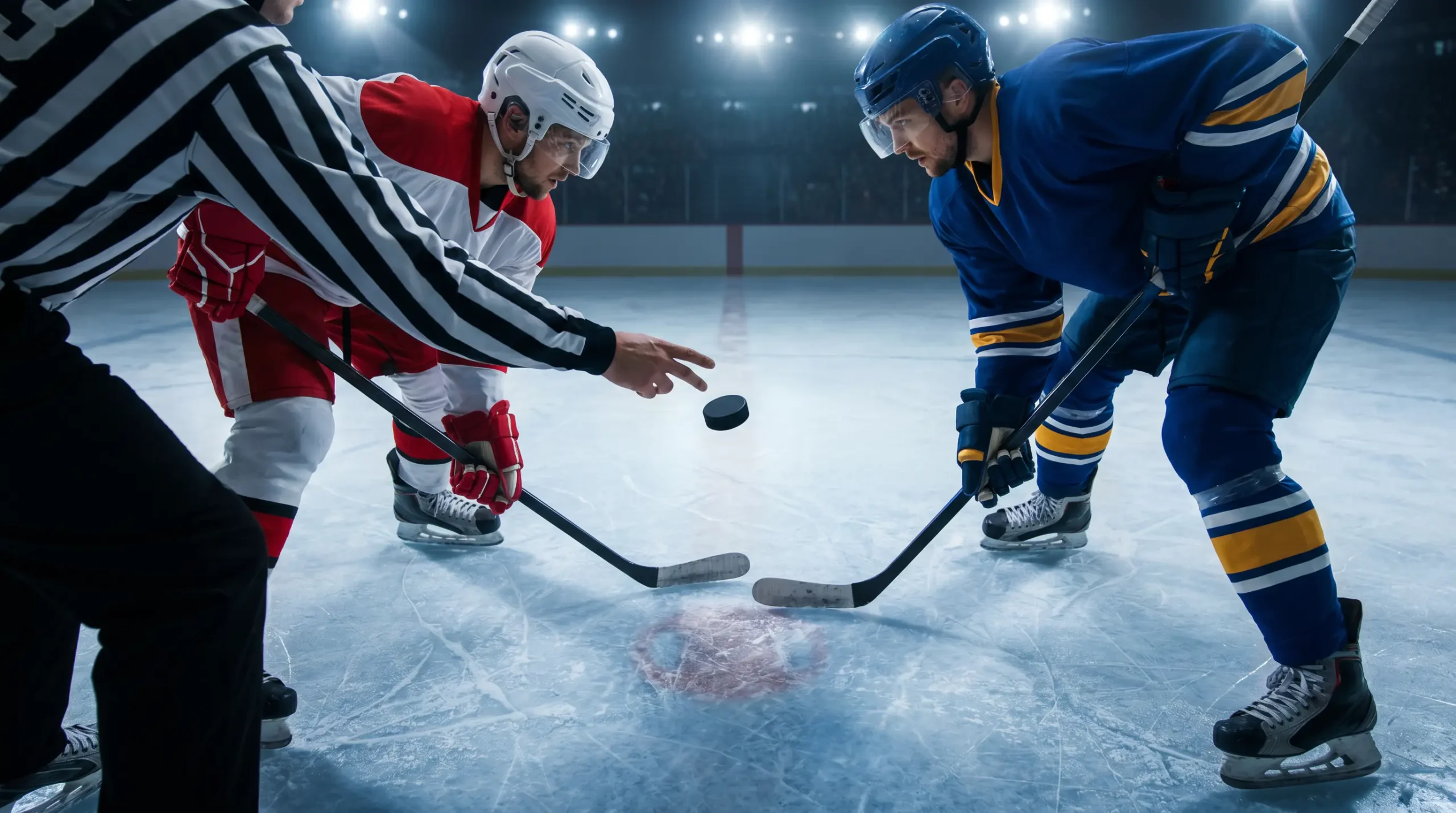 NHL referee dropping the puck at centre ice as two skaters lean in for a face-off
