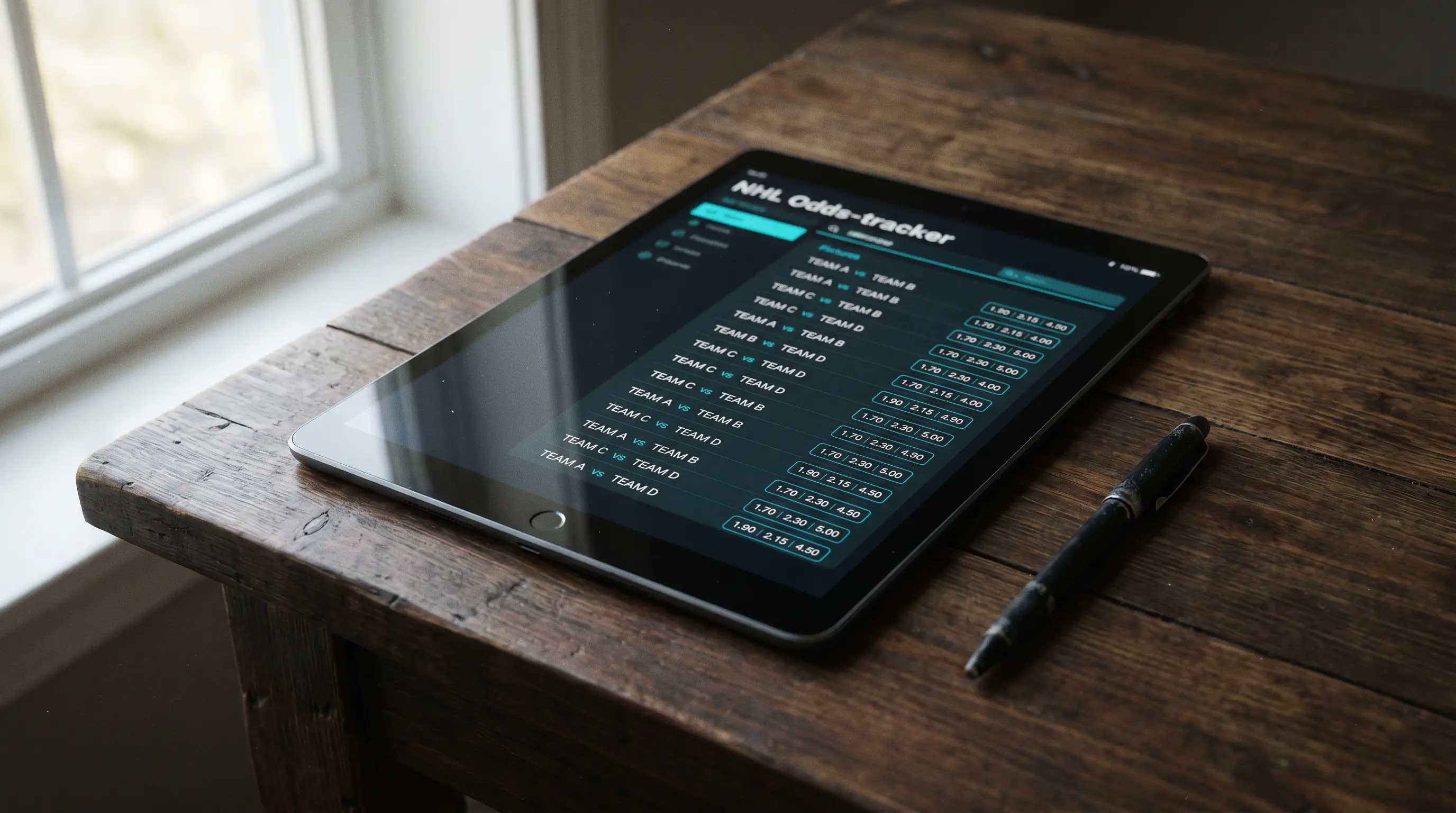 Odds-tracking tool on a tablet aggregating NHL line movement across UK books