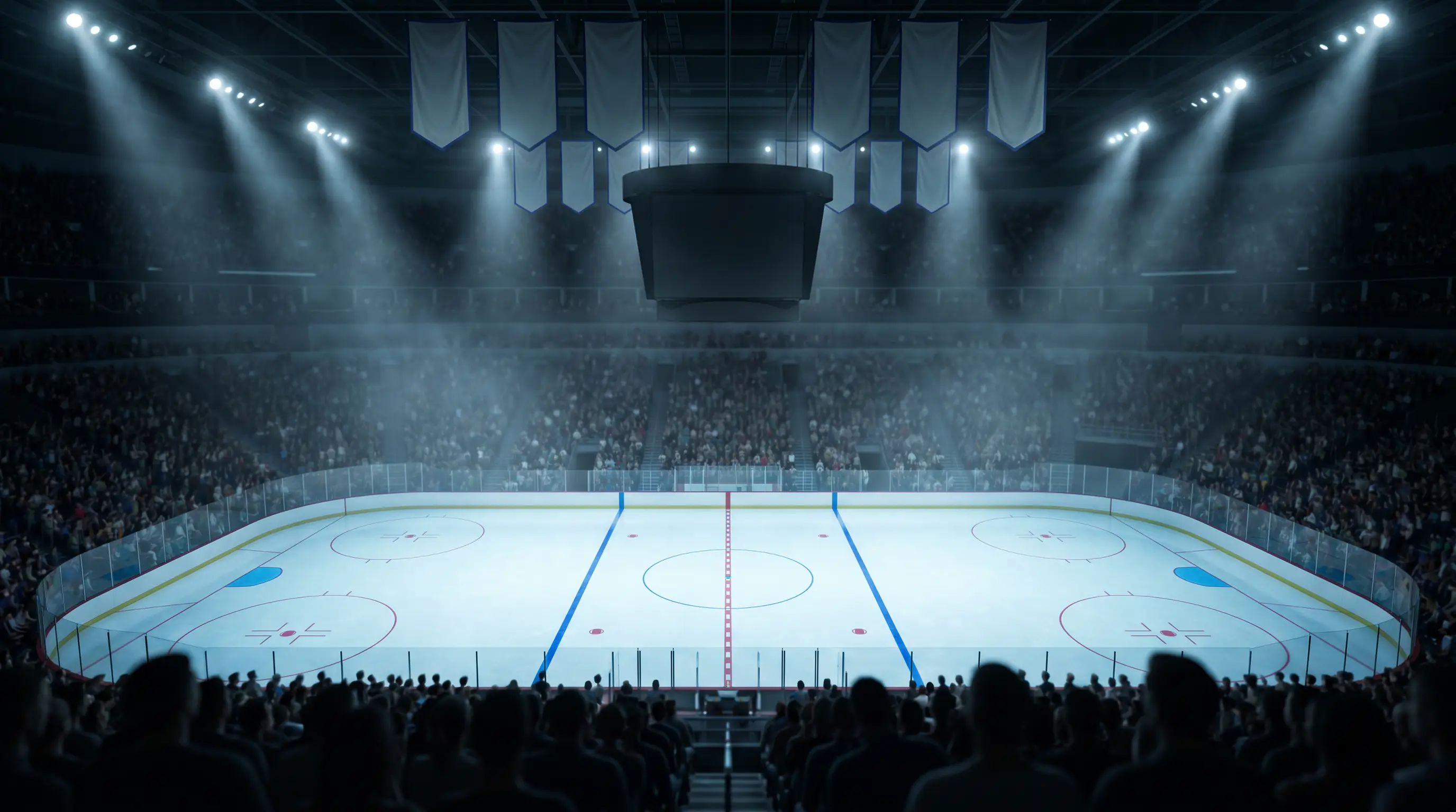 NHL arena lit for opening night with team banners hanging from the rafters and ice freshly cut