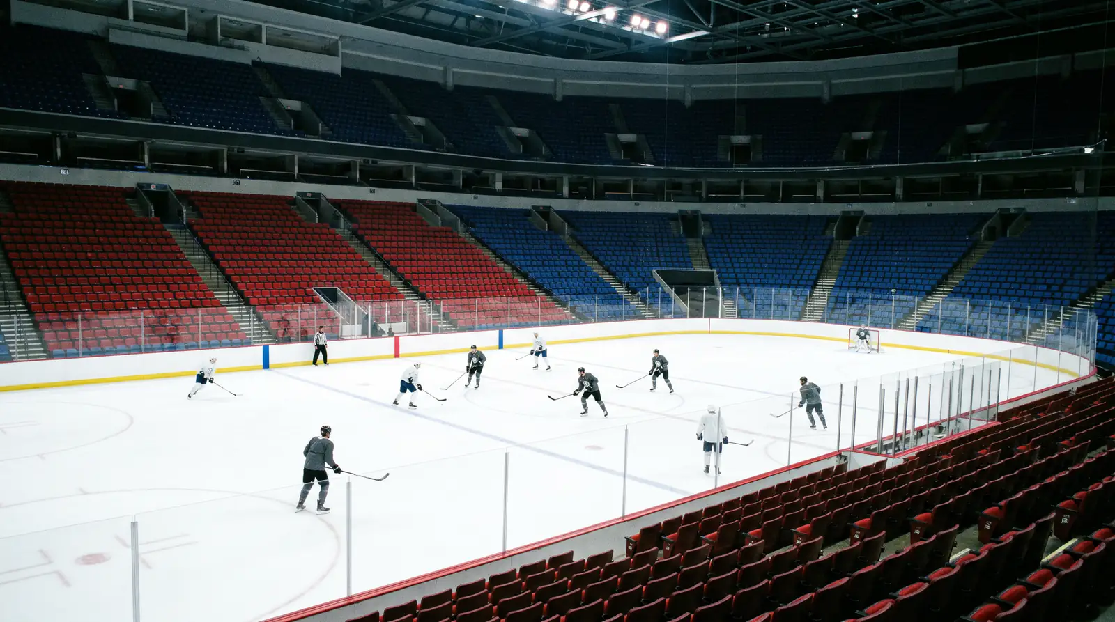 Half-empty NHL arena where home ice advantage is overrated due to weak crowd energy
