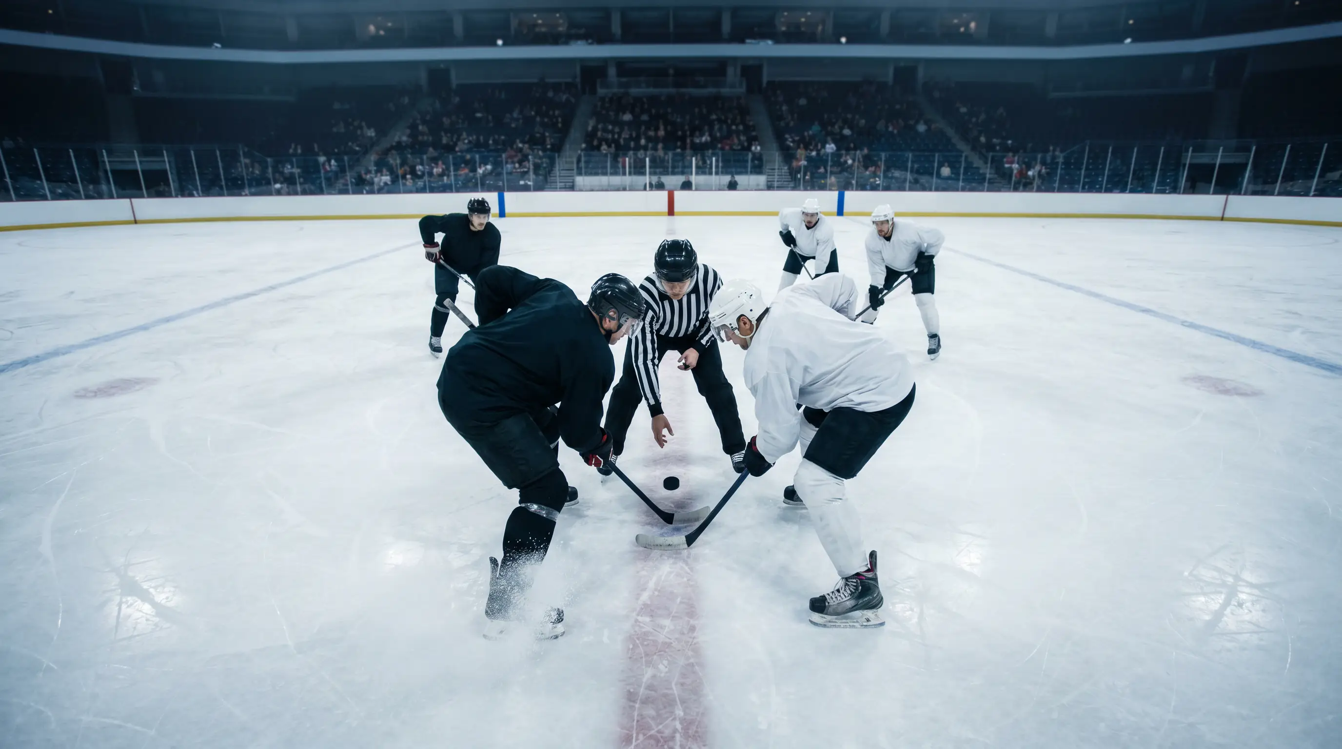 NHL overtime three-skater faceoff at centre ice highlighting the regulation cut-off scenario