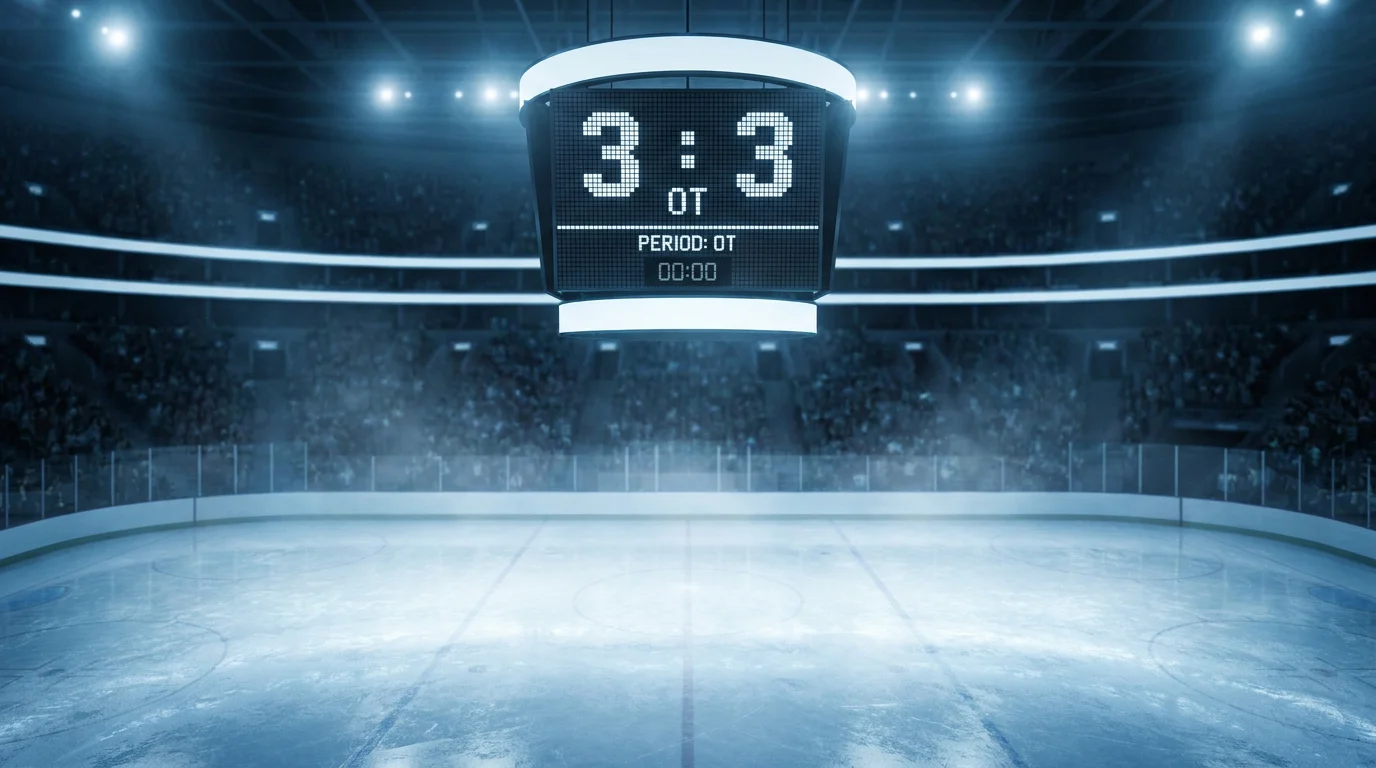 NHL arena scoreboard showing a tied score at the end of regulation with overtime period beginning