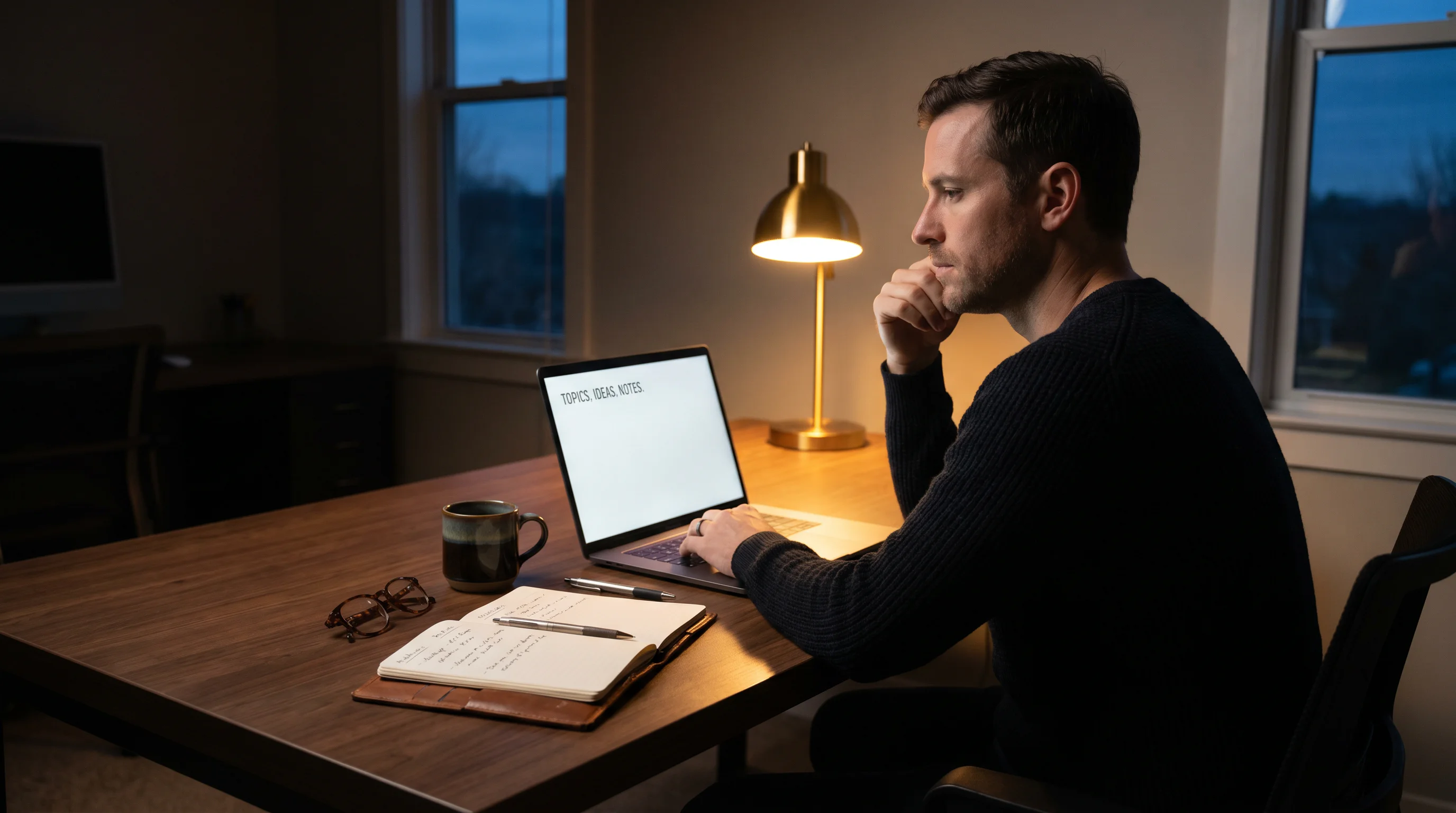 NHL bettor running a period-by-period reading routine at a quiet evening desk